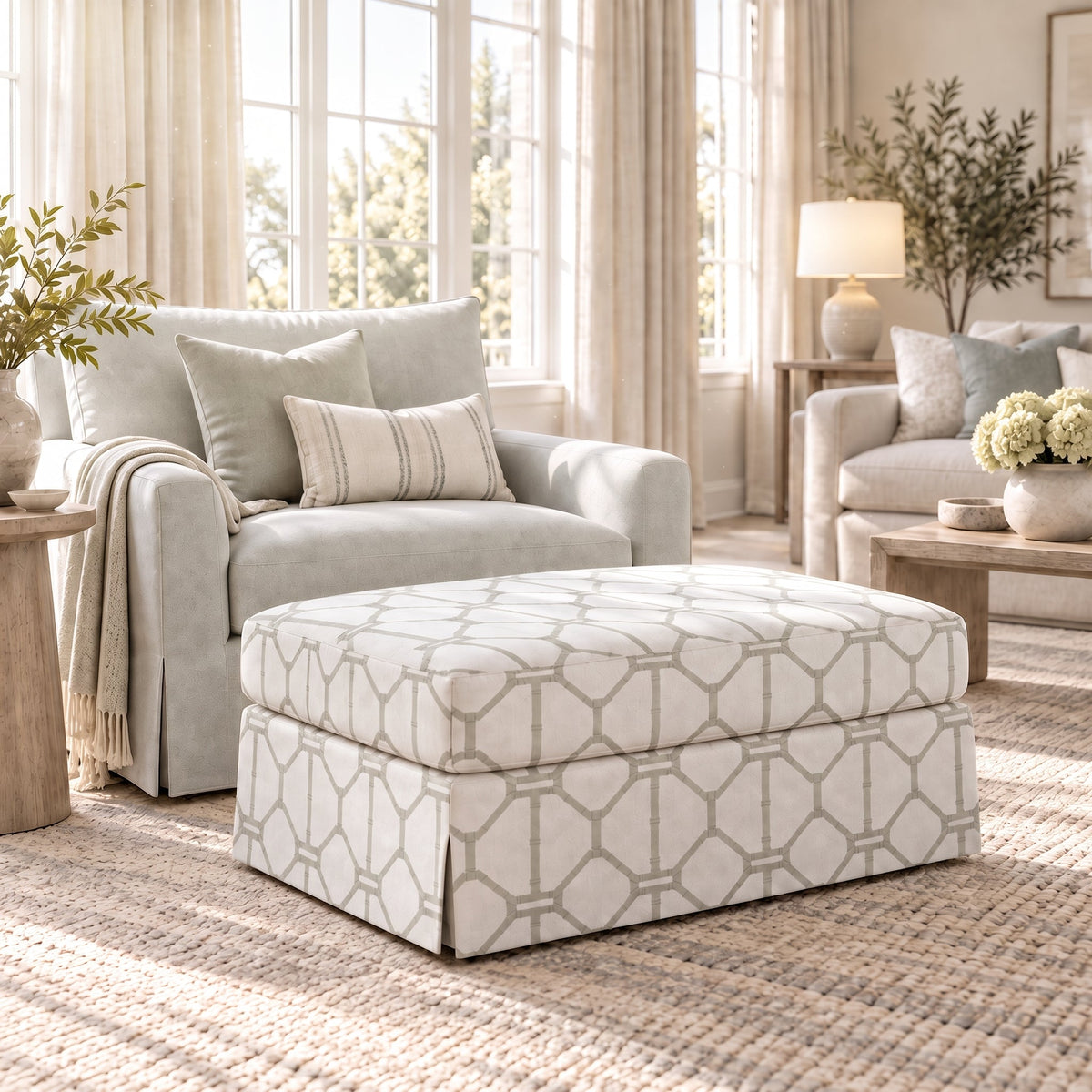 The Nolen Ottoman in Palm Promenade Cool Mint Bamboo Trellis - Lemon Park