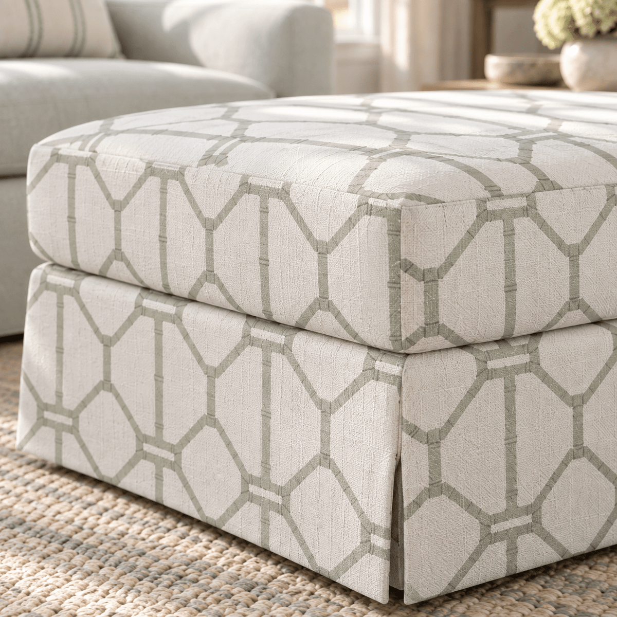 The Nolen Ottoman in Palm Promenade Cool Mint Bamboo Trellis - Lemon Park