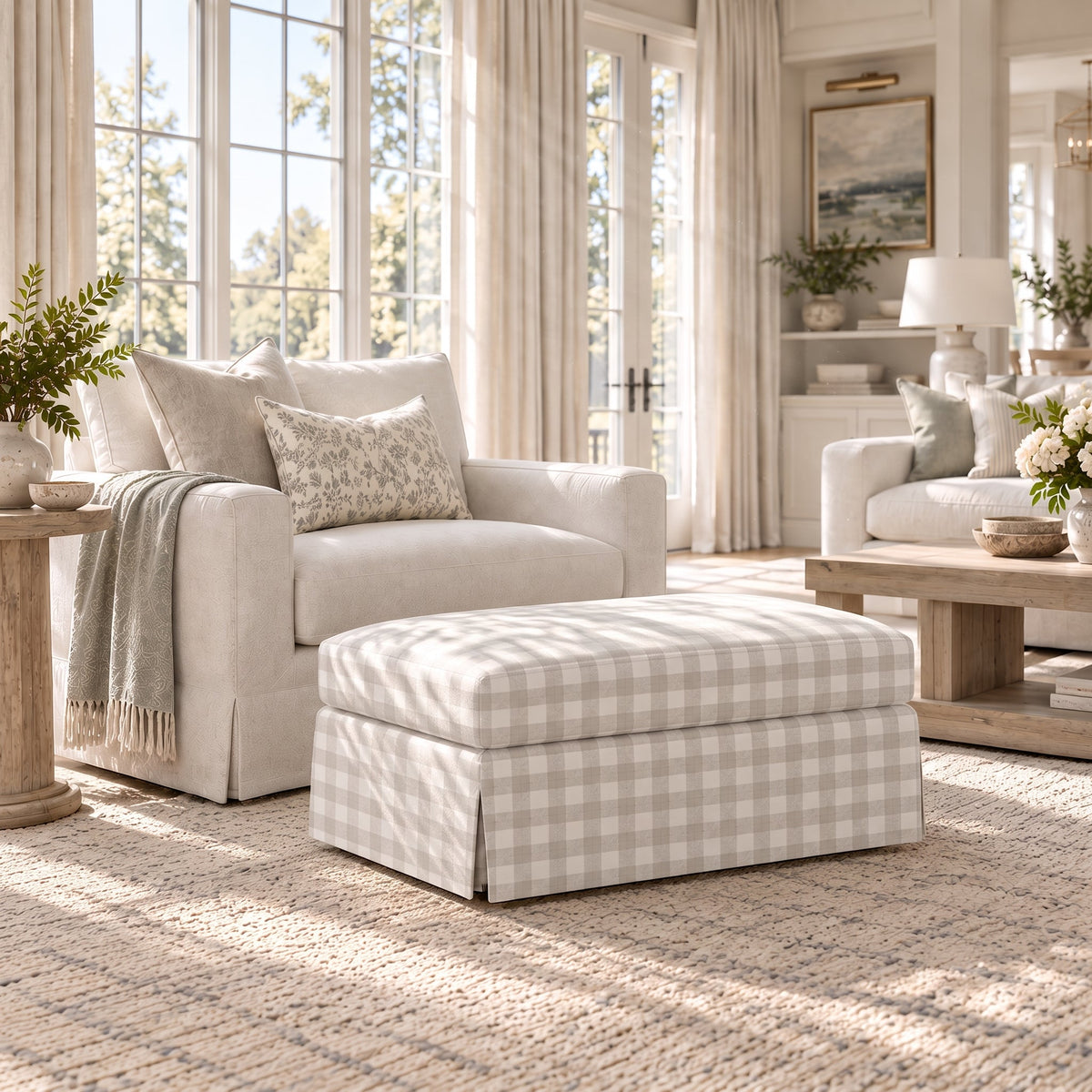 The Nolen Ottoman in Pearl's Haven Fog Gingham - Lemon Park