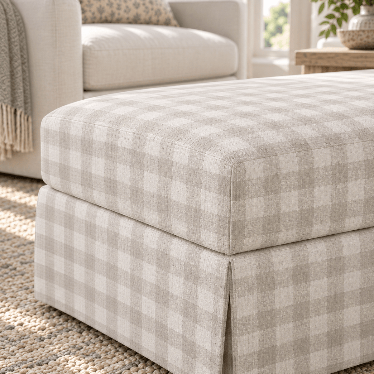 The Nolen Ottoman in Pearl's Haven Fog Gingham - Lemon Park