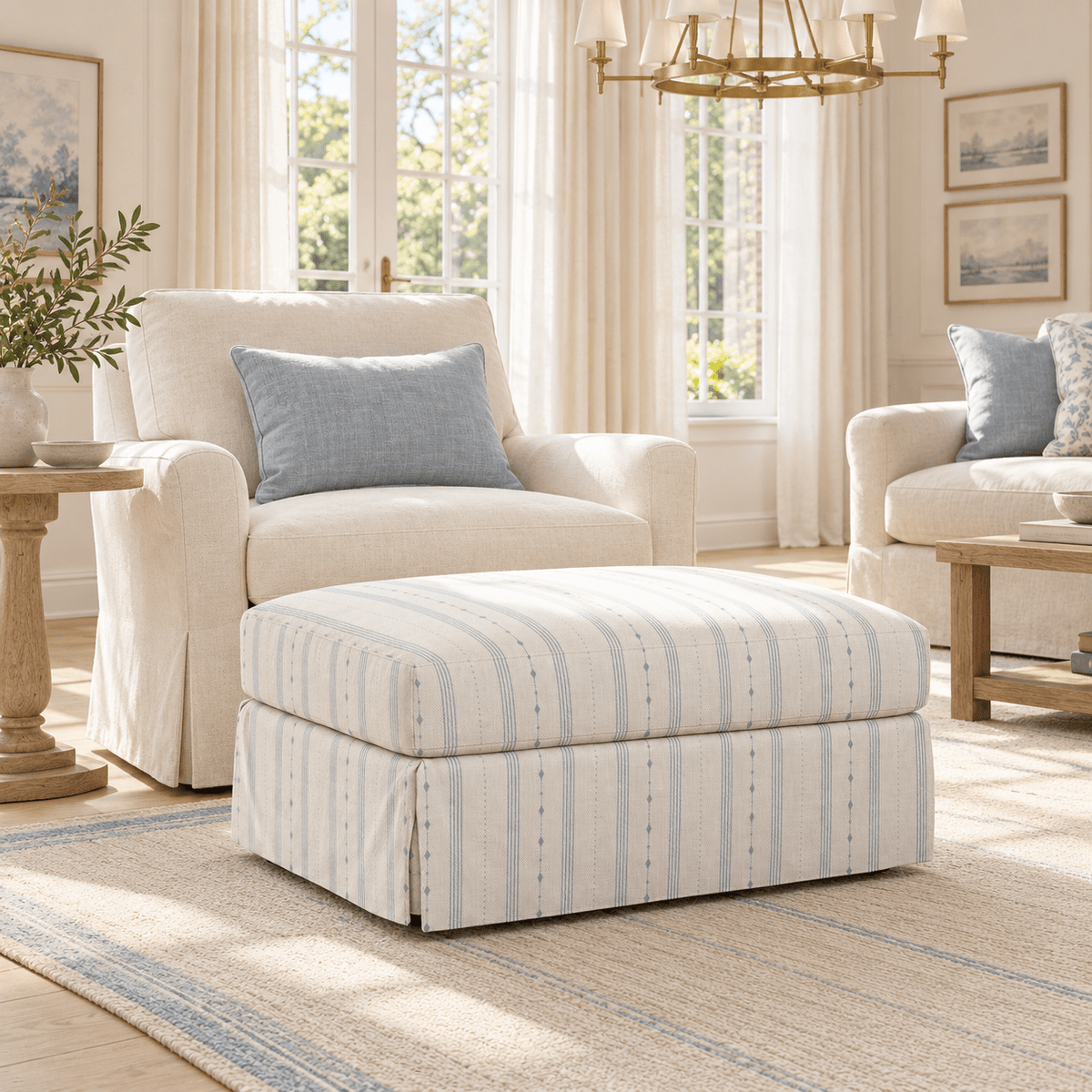 The Nolen Ottoman in Pearl's Haven Spring Blue Stripes - Lemon Park