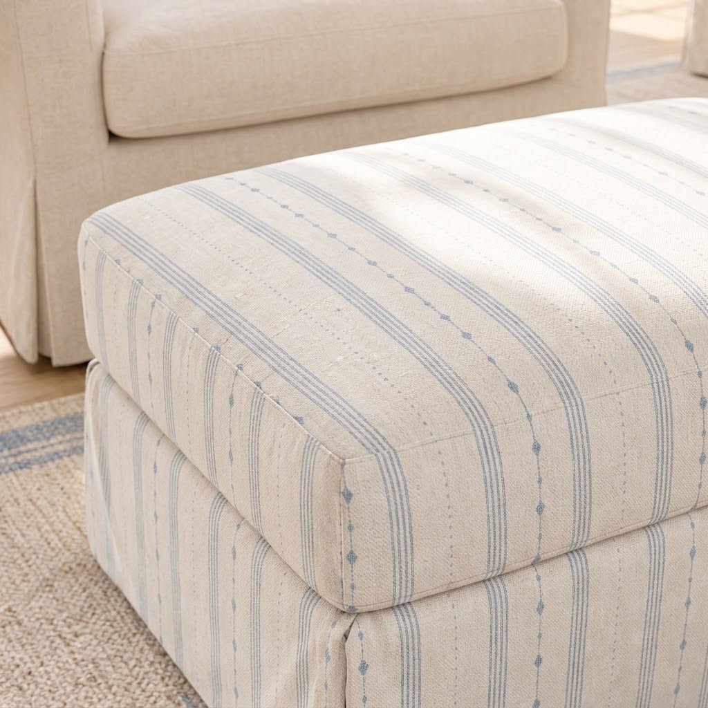 The Nolen Ottoman in Pearl's Haven Spring Blue Stripes - Lemon Park