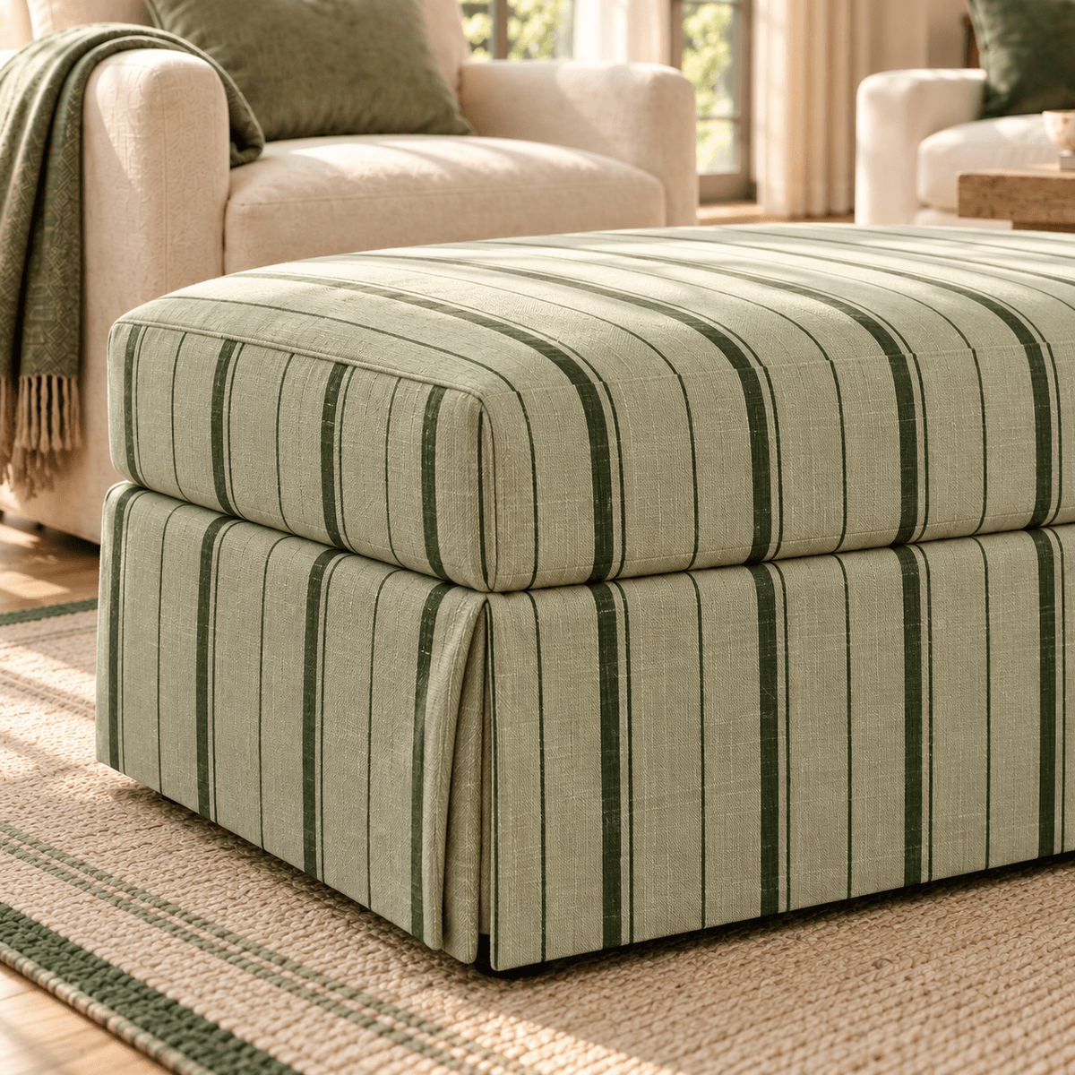 The Nolen Ottoman in The Silk Garden Sage Stripes - Lemon Park