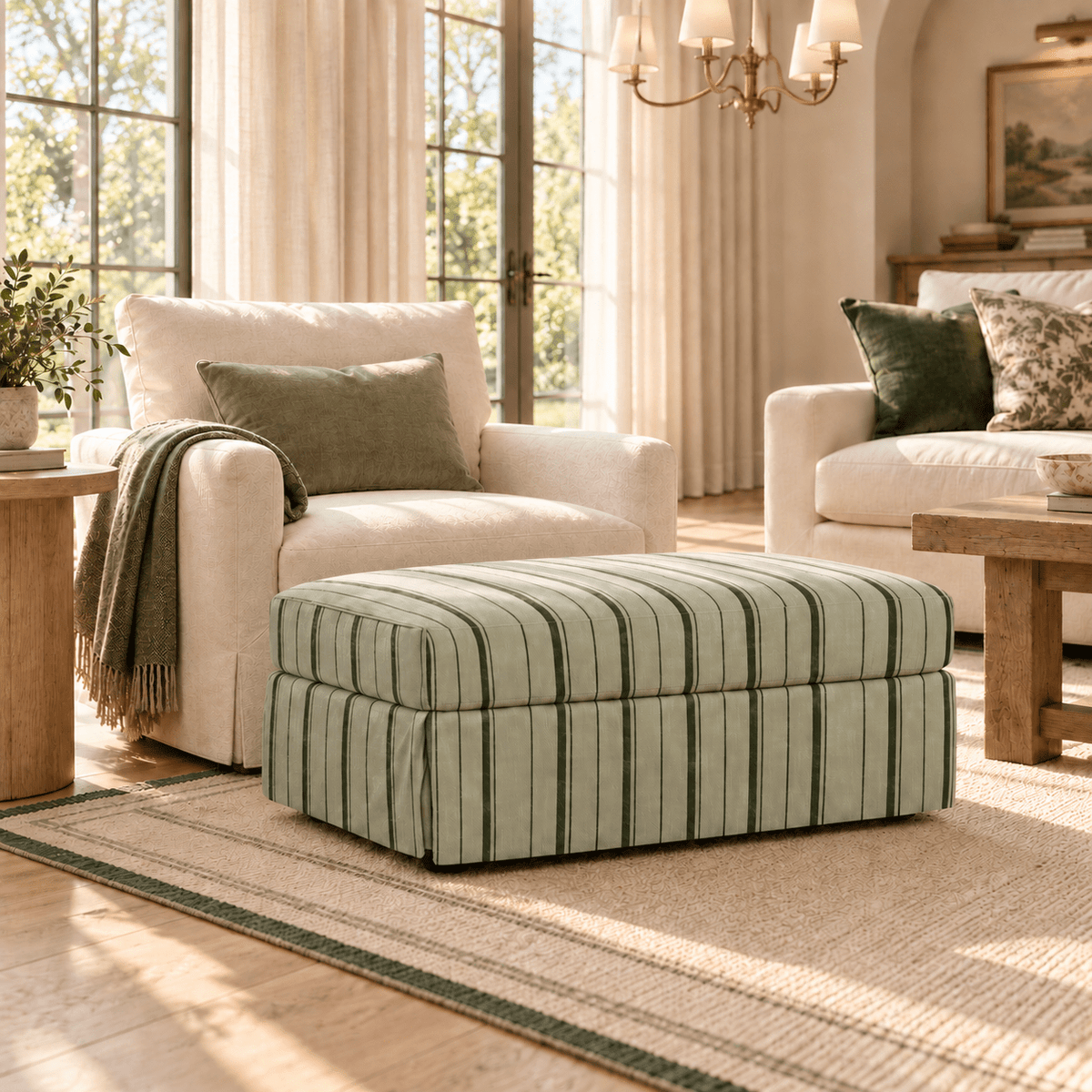 The Nolen Ottoman in The Silk Garden Sage Stripes - Lemon Park