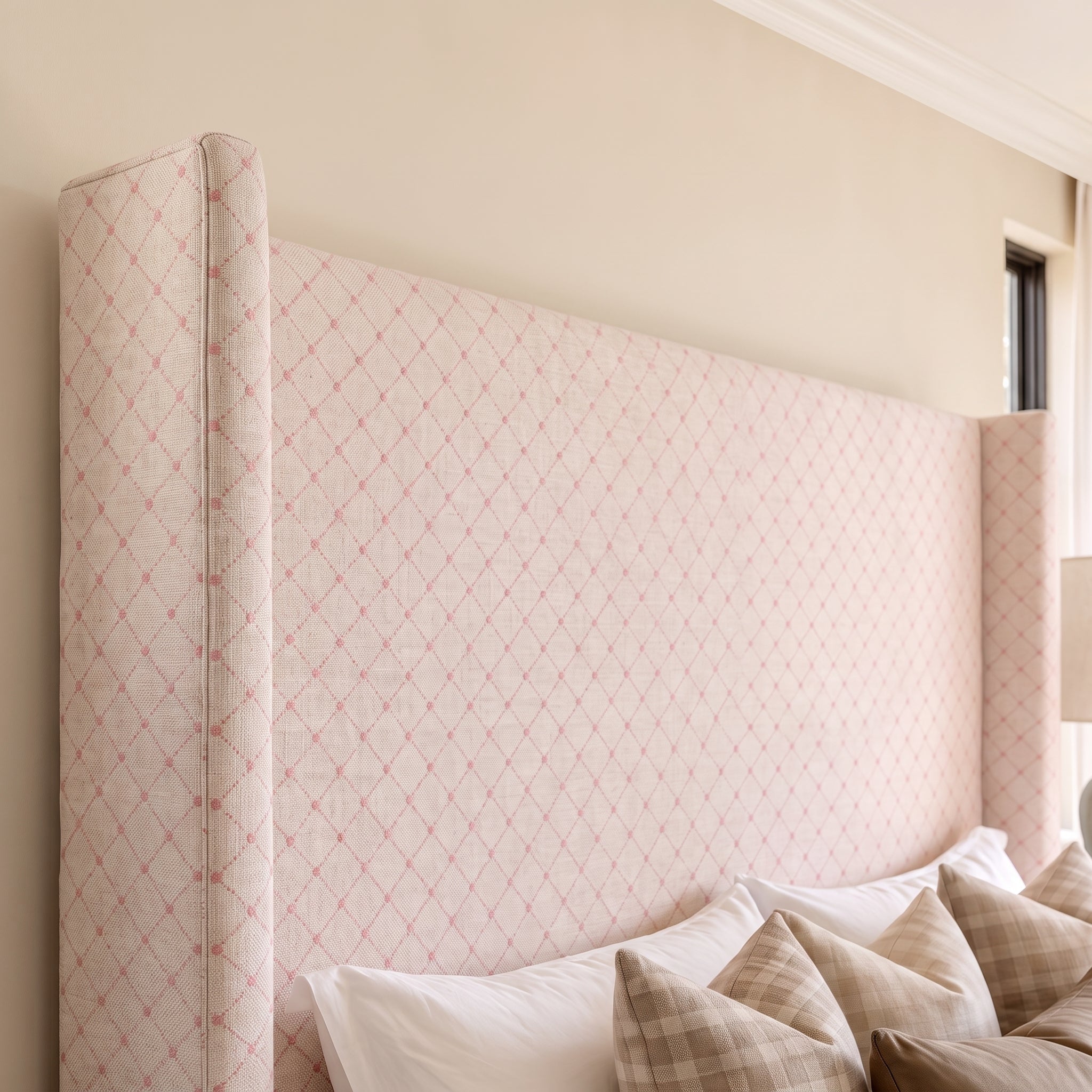 The Selene Bed in Bellagio Blush Linen Lattice - Lemon Park