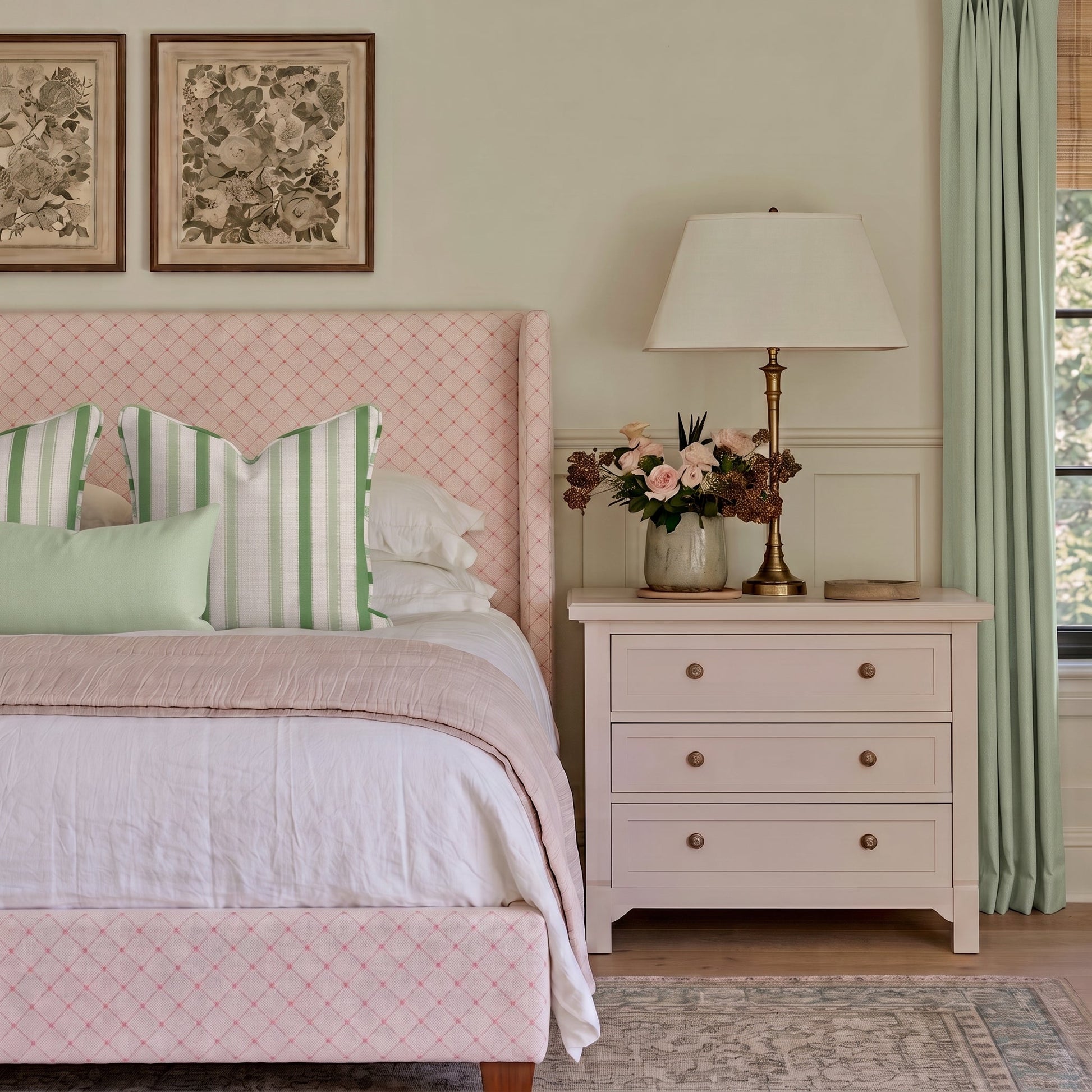 The Selene Bed in Bellagio Blush Linen Lattice - Lemon Park