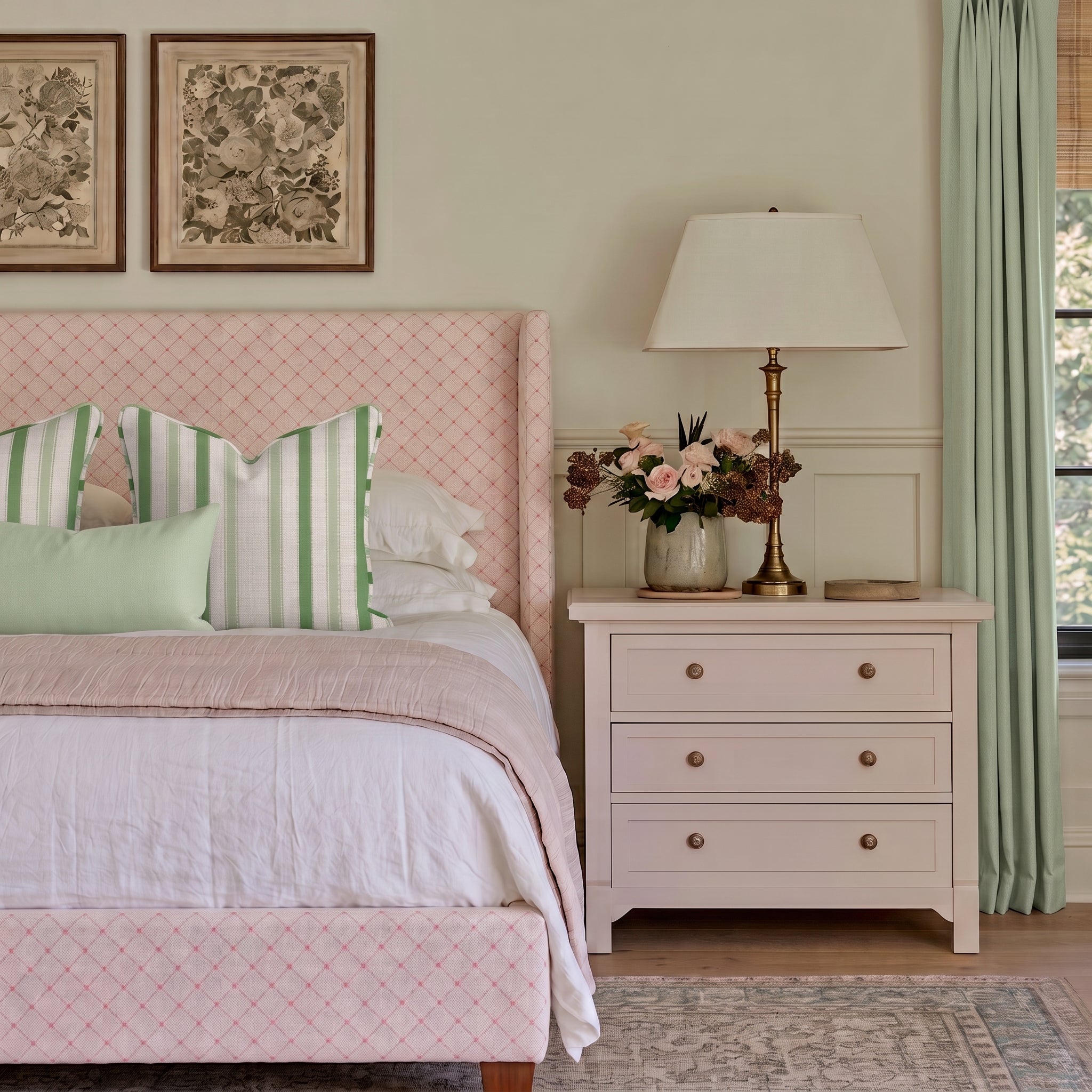 The Selene Bed in Bellagio Blush Linen Lattice - Lemon Park