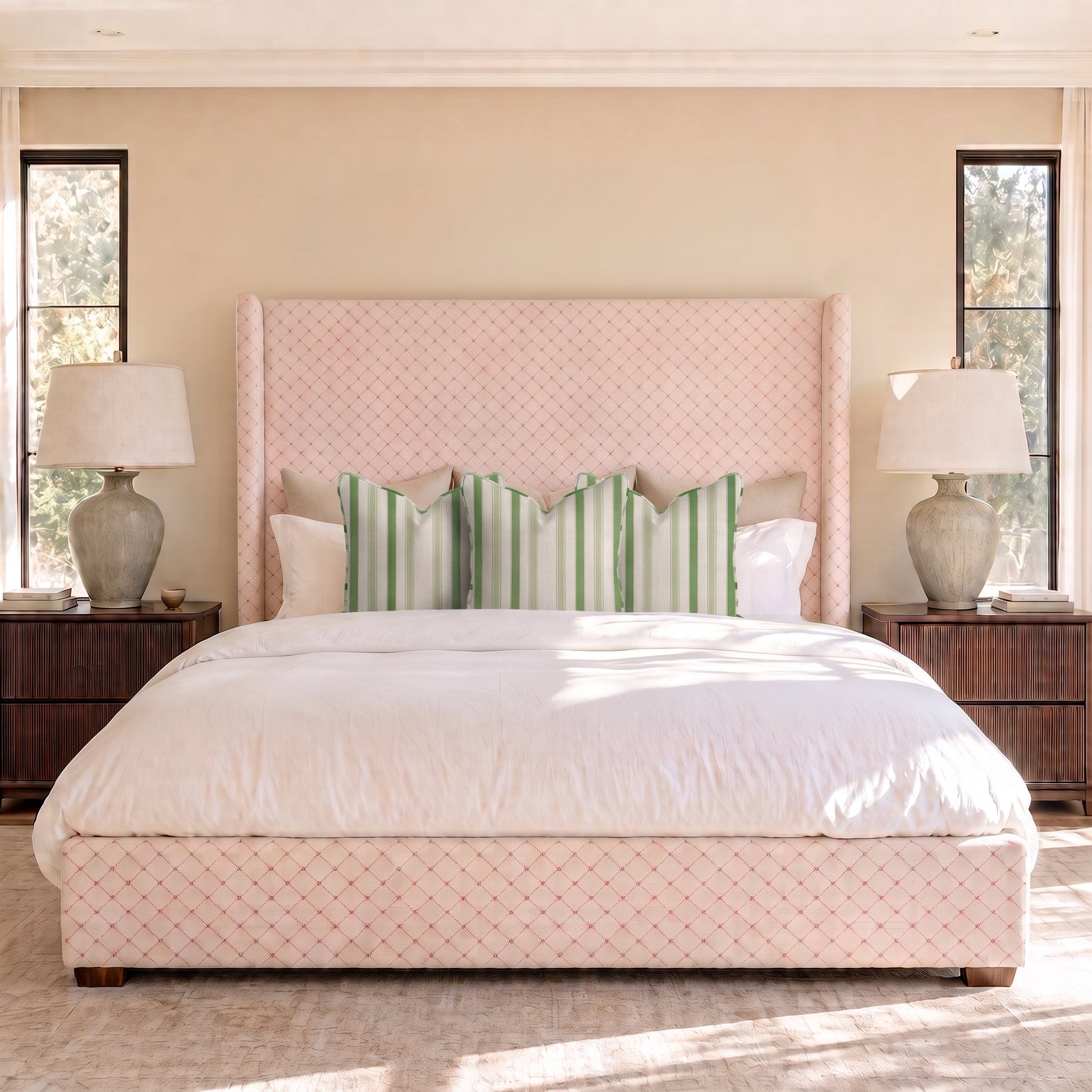 The Selene Bed in Bellagio Blush Linen Lattice - Lemon Park