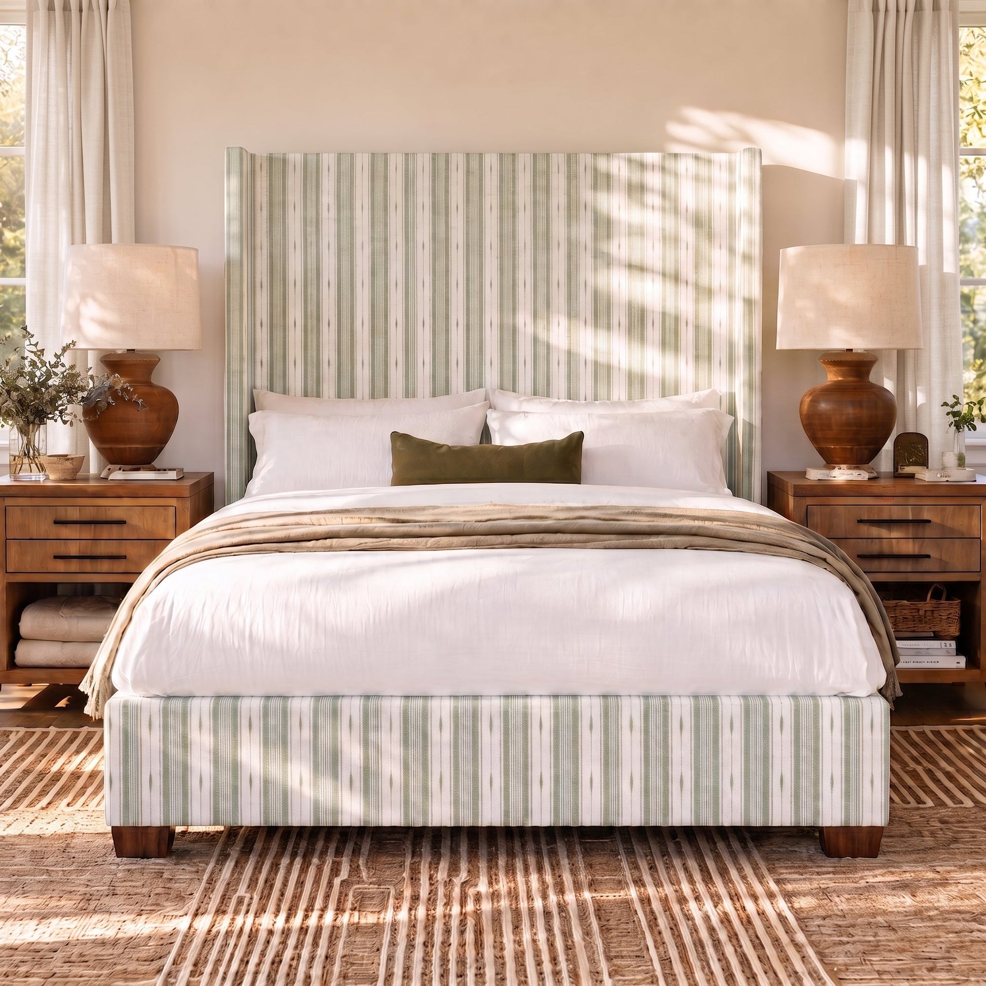 The Selene Bed in Blue Dresses Lemongrass Stripes - Lemon Park