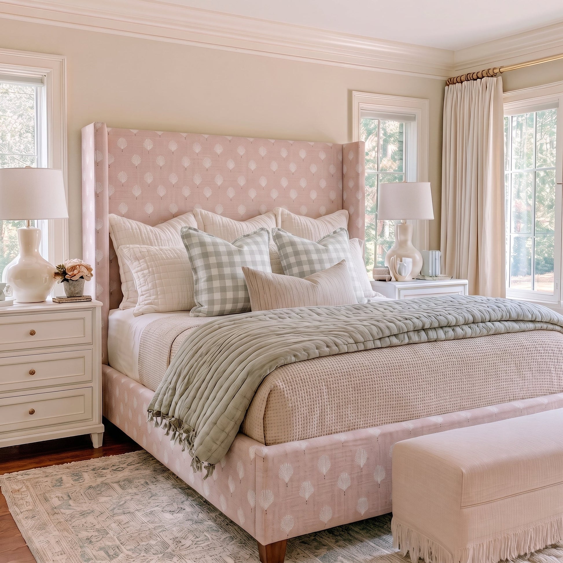 The Selene Bed in Loose Stems Petaline Block Print - Lemon Park