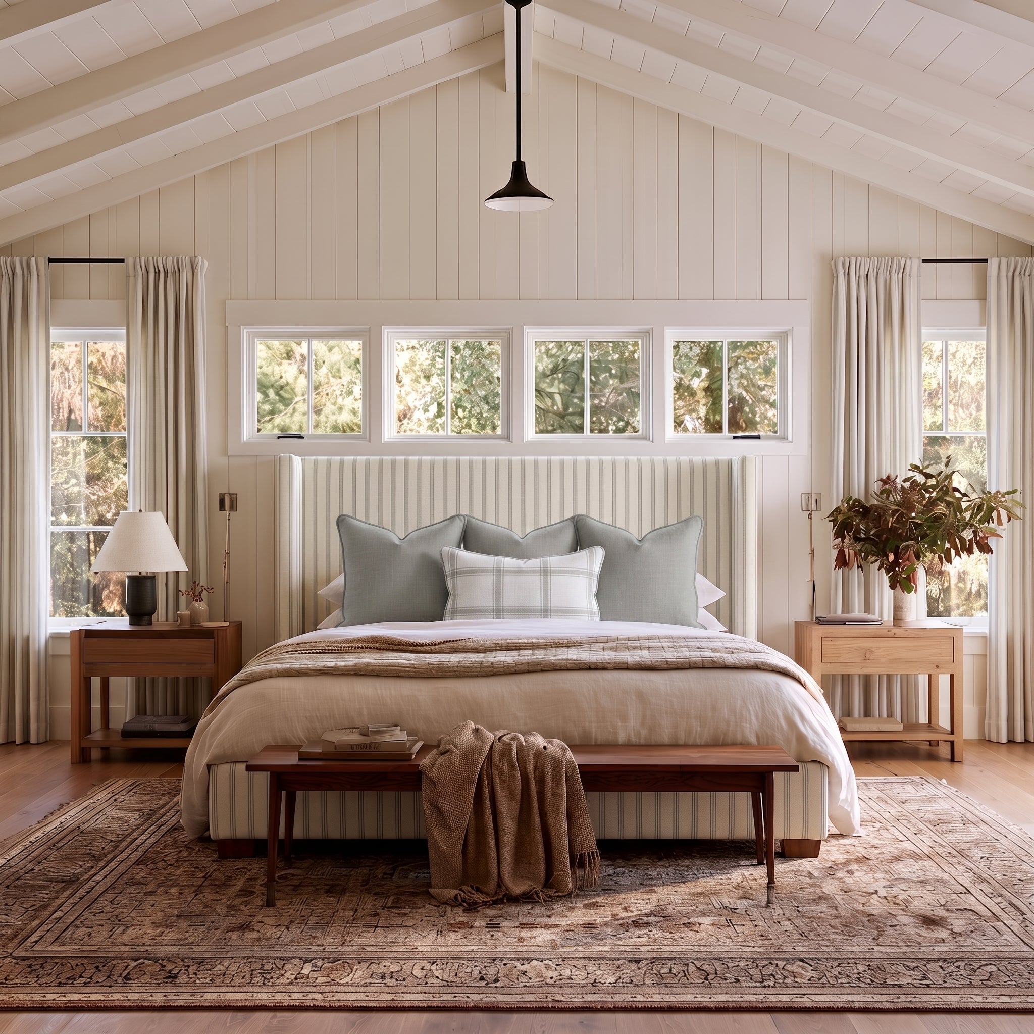 The Selene Bed in Orange County Olive Stripes - Lemon Park
