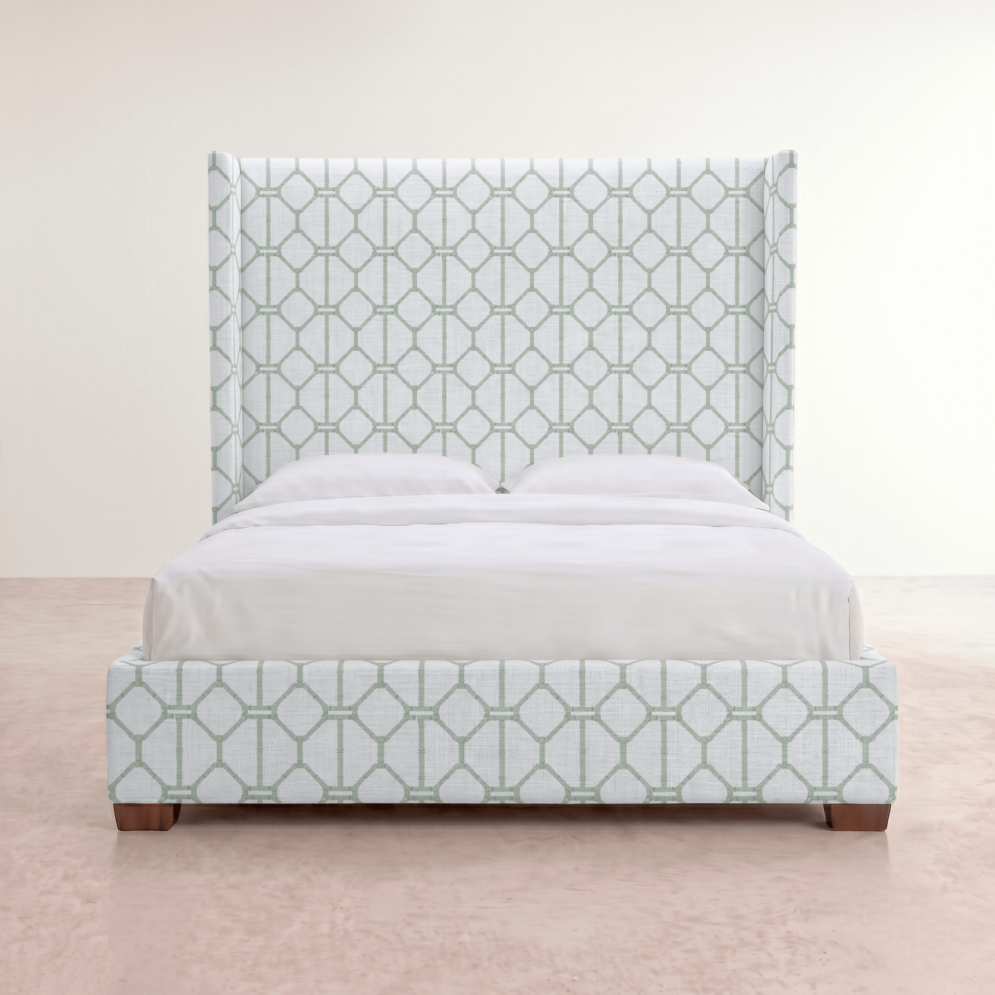 The Selene Bed in Palm Promenade Cool Mint Bamboo Trellis - Lemon Park
