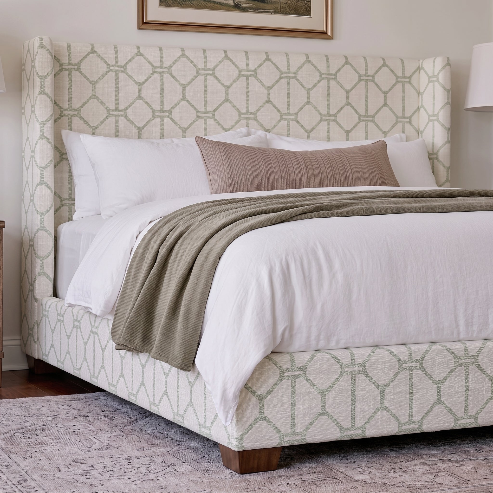 The Selene Bed in Palm Promenade Cool Mint Bamboo Trellis - Lemon Park