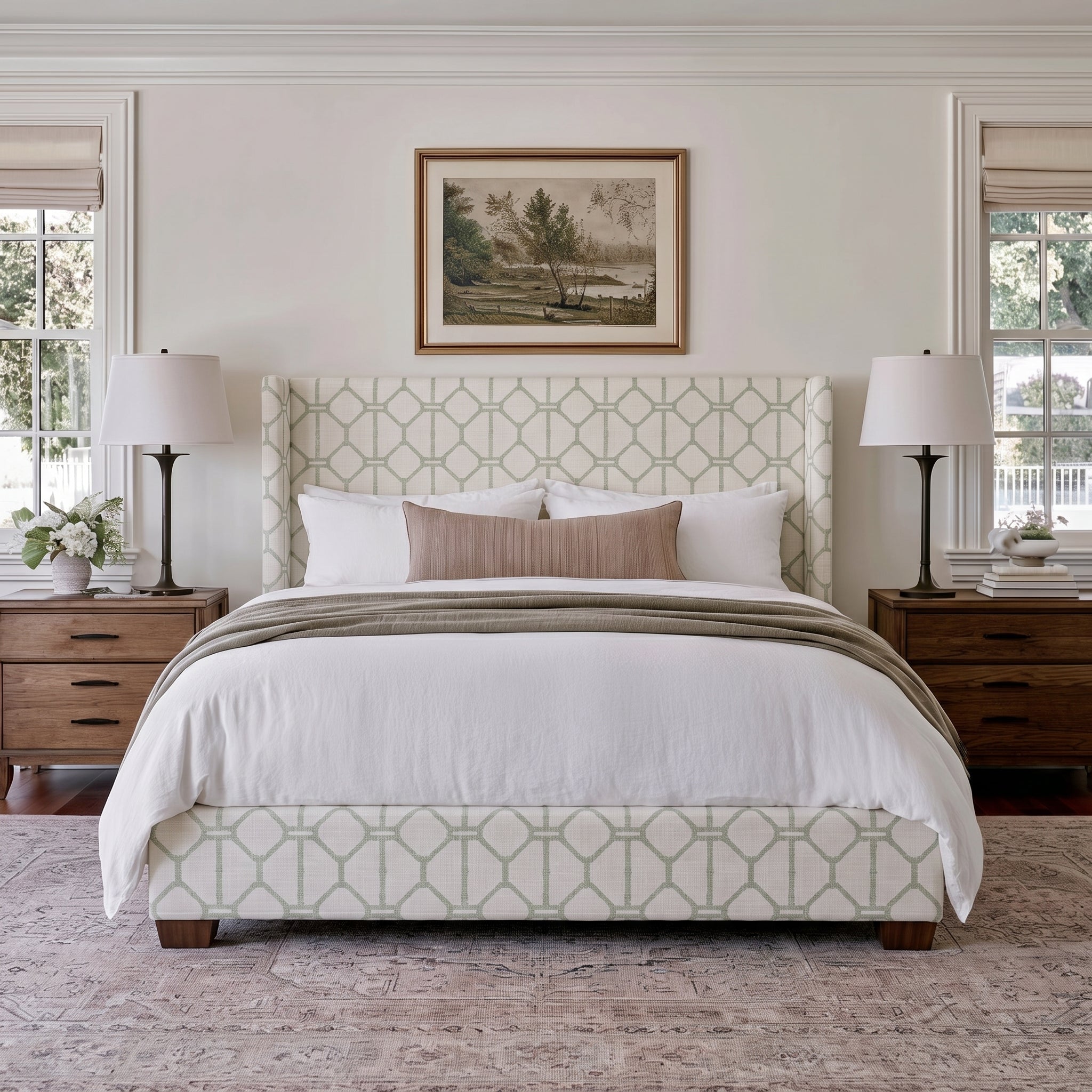 The Selene Bed in Palm Promenade Cool Mint Bamboo Trellis - Lemon Park