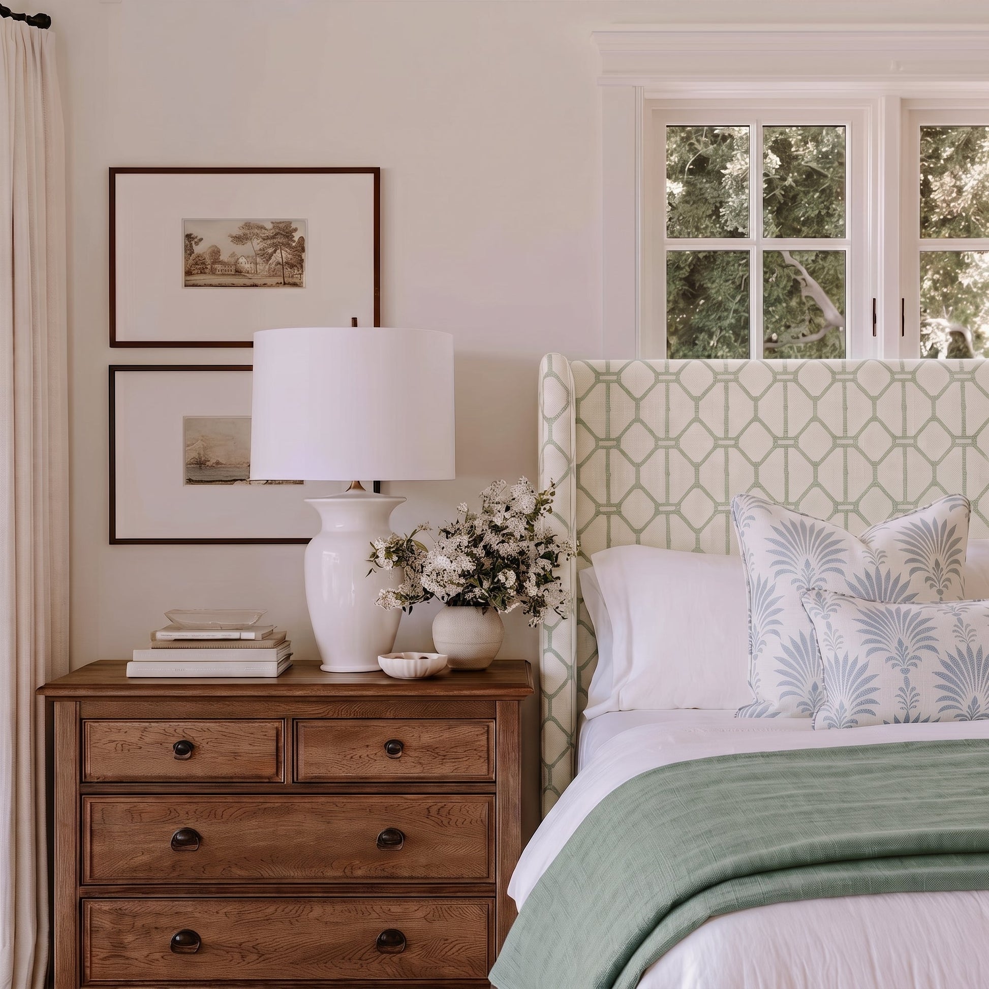 The Selene Bed in Palm Promenade Cool Mint Bamboo Trellis - Lemon Park
