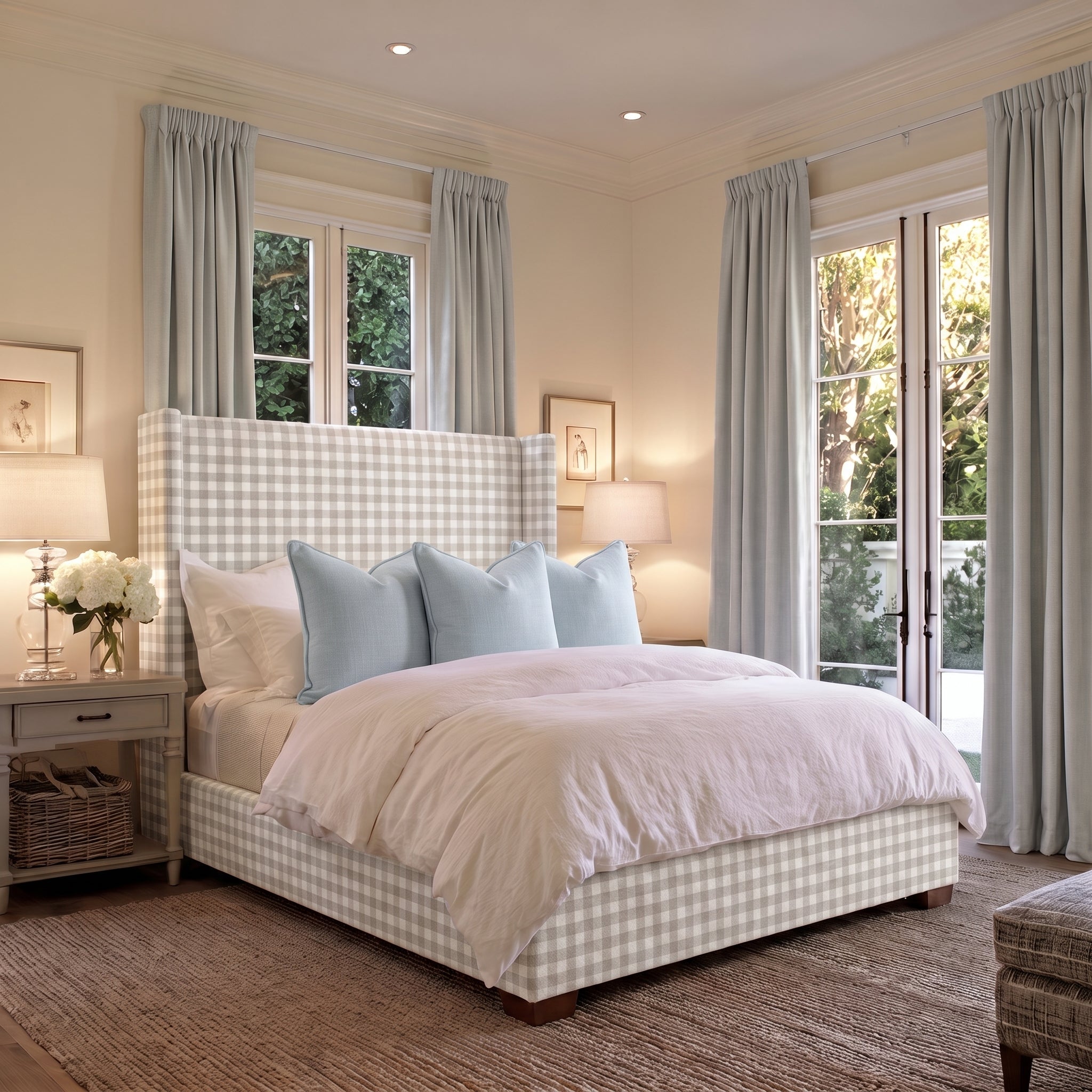 The Selene Bed in Pearl's Haven Fog Gingham - Lemon Park