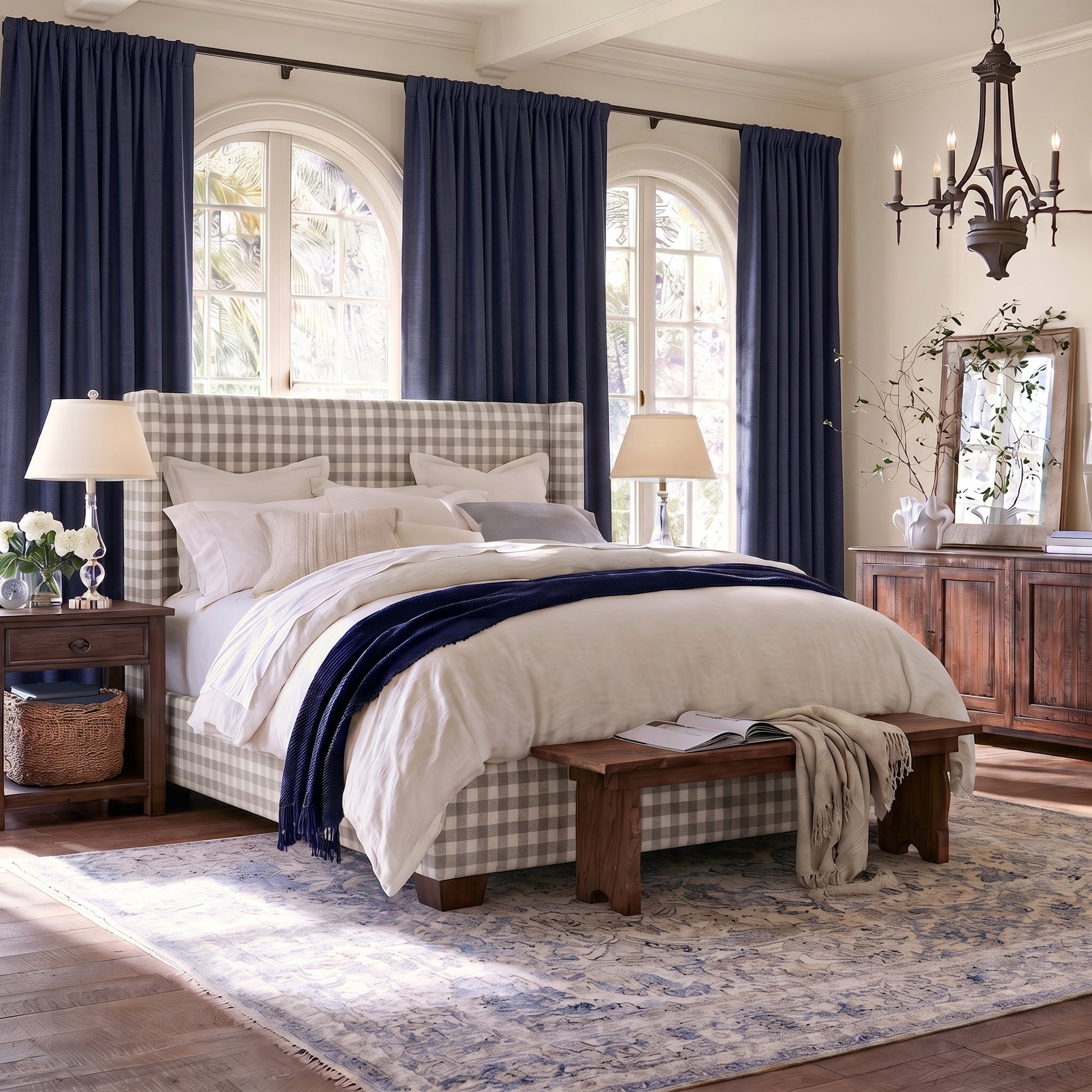 The Selene Bed in Pearl's Haven Fog Gingham - Lemon Park