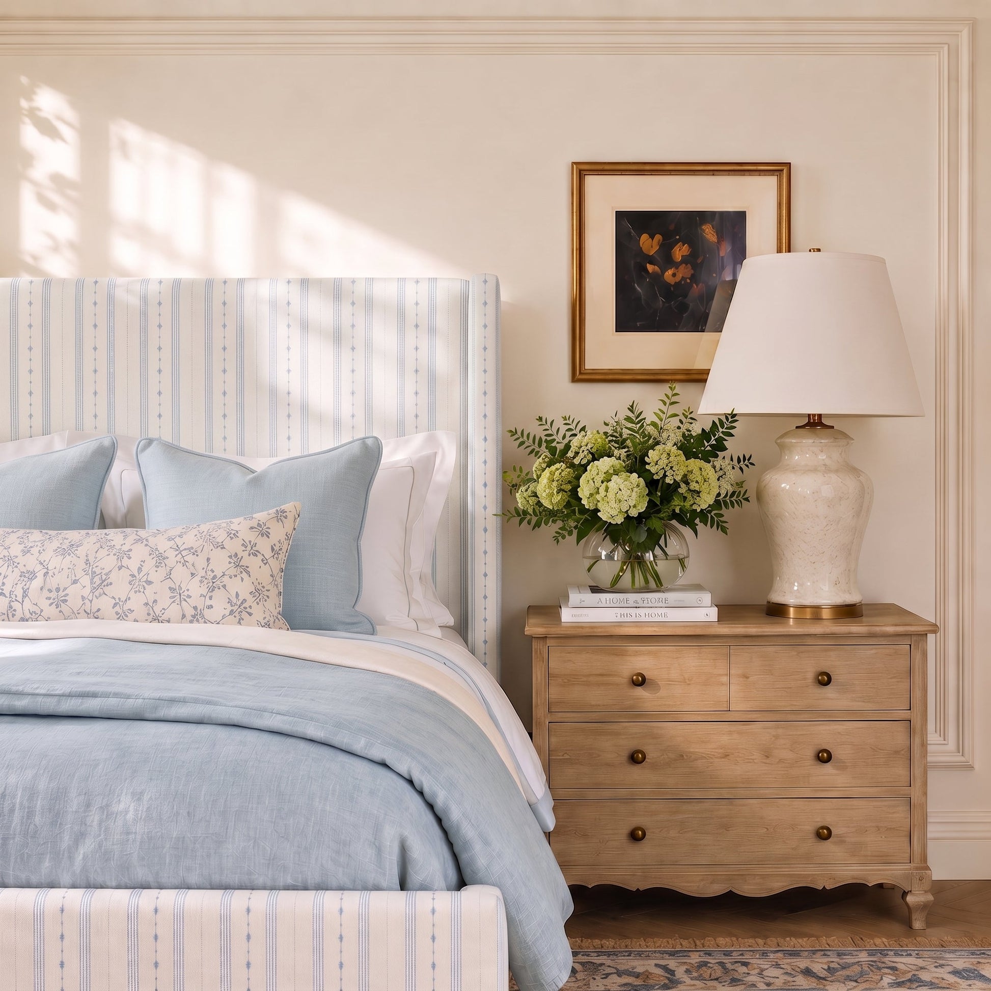 The Selene Bed in Pearl's Haven Spring Blue Stripes - Lemon Park