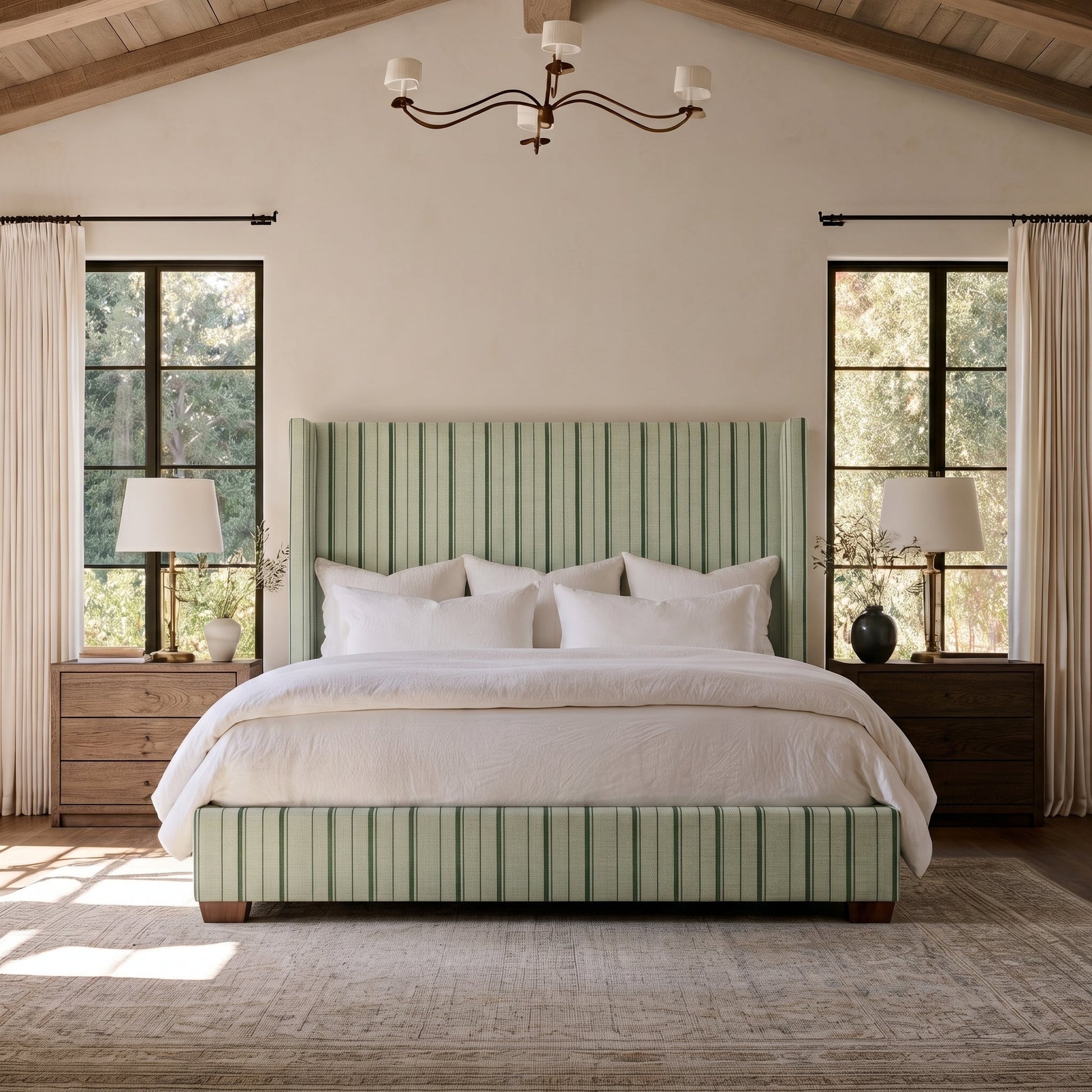 The Selene Bed in The Silk Garden Sage Stripes - Lemon Park