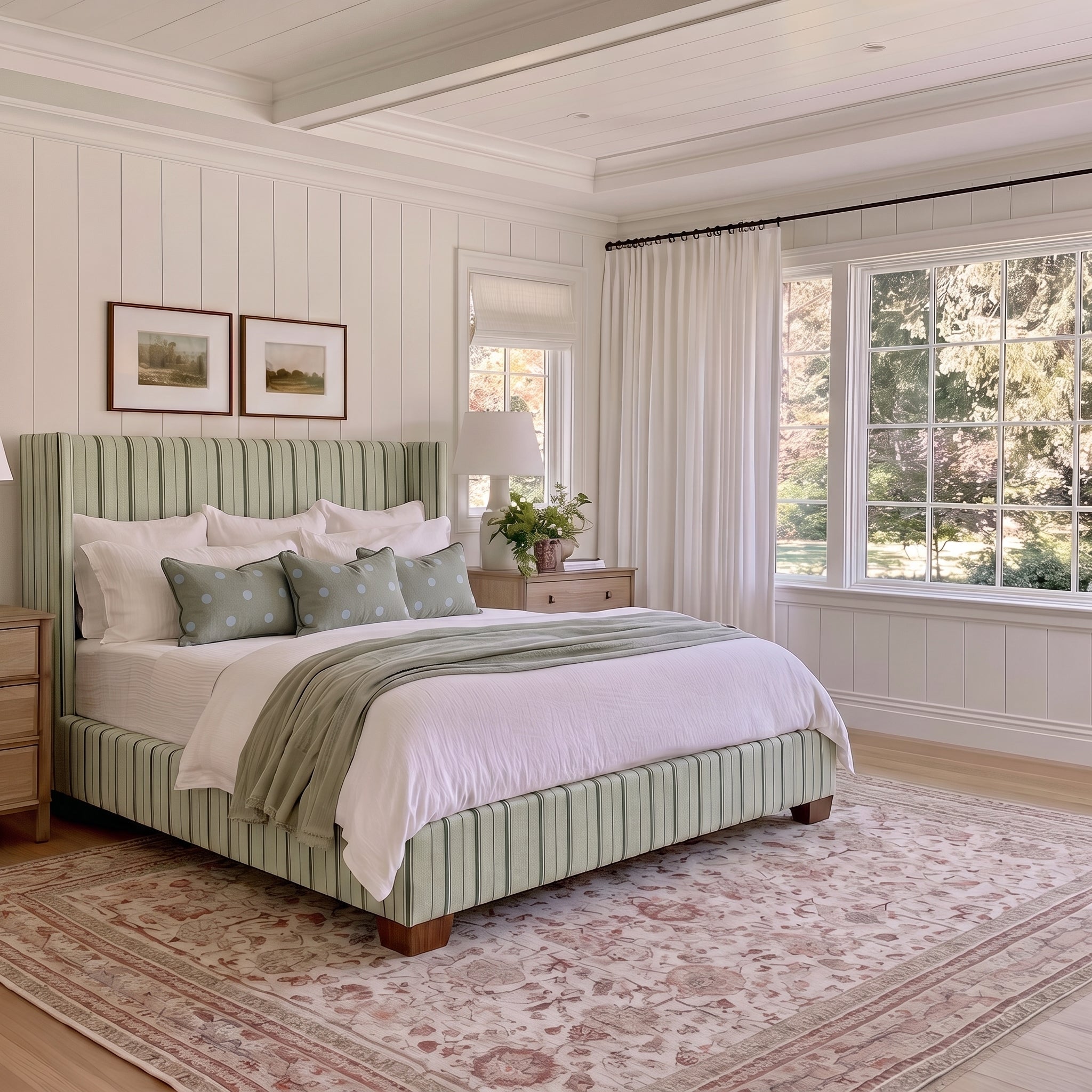 The Selene Bed in The Silk Garden Sage Stripes - Lemon Park