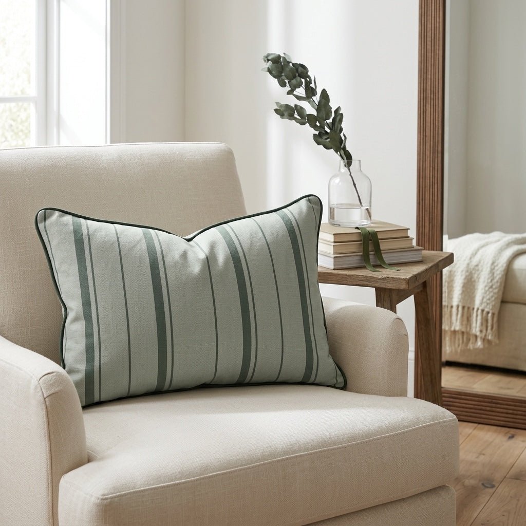 The Silk Garden Sage Stripes Throw Pillow - Lemon Park