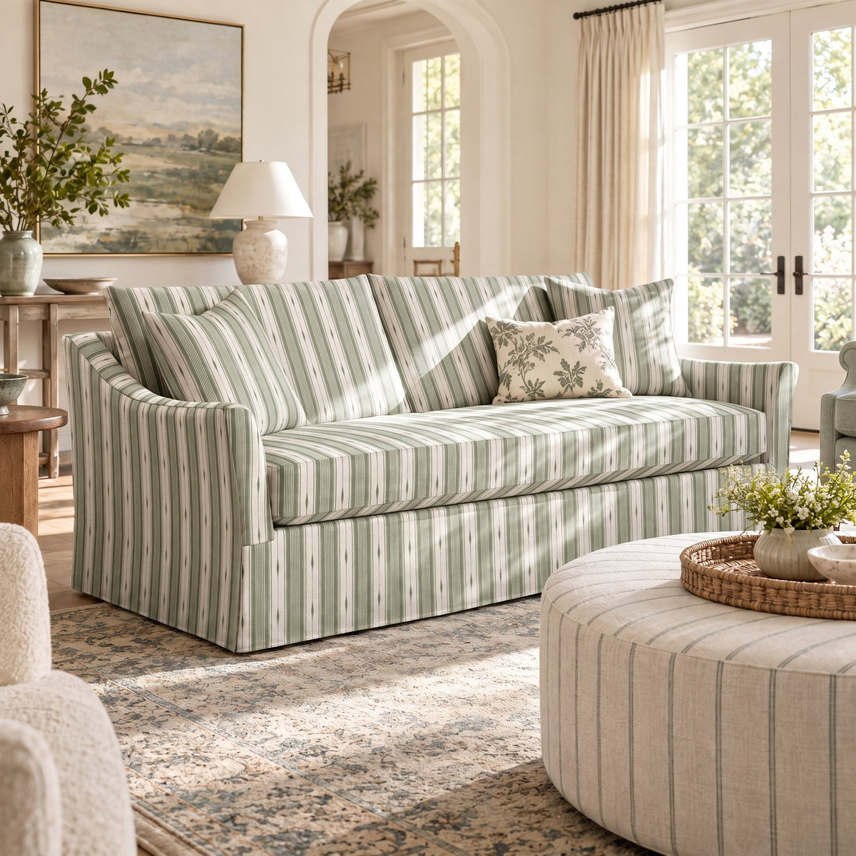 The Theodore Sofa in Blue Dresses Lemongrass Stripes - Lemon Park