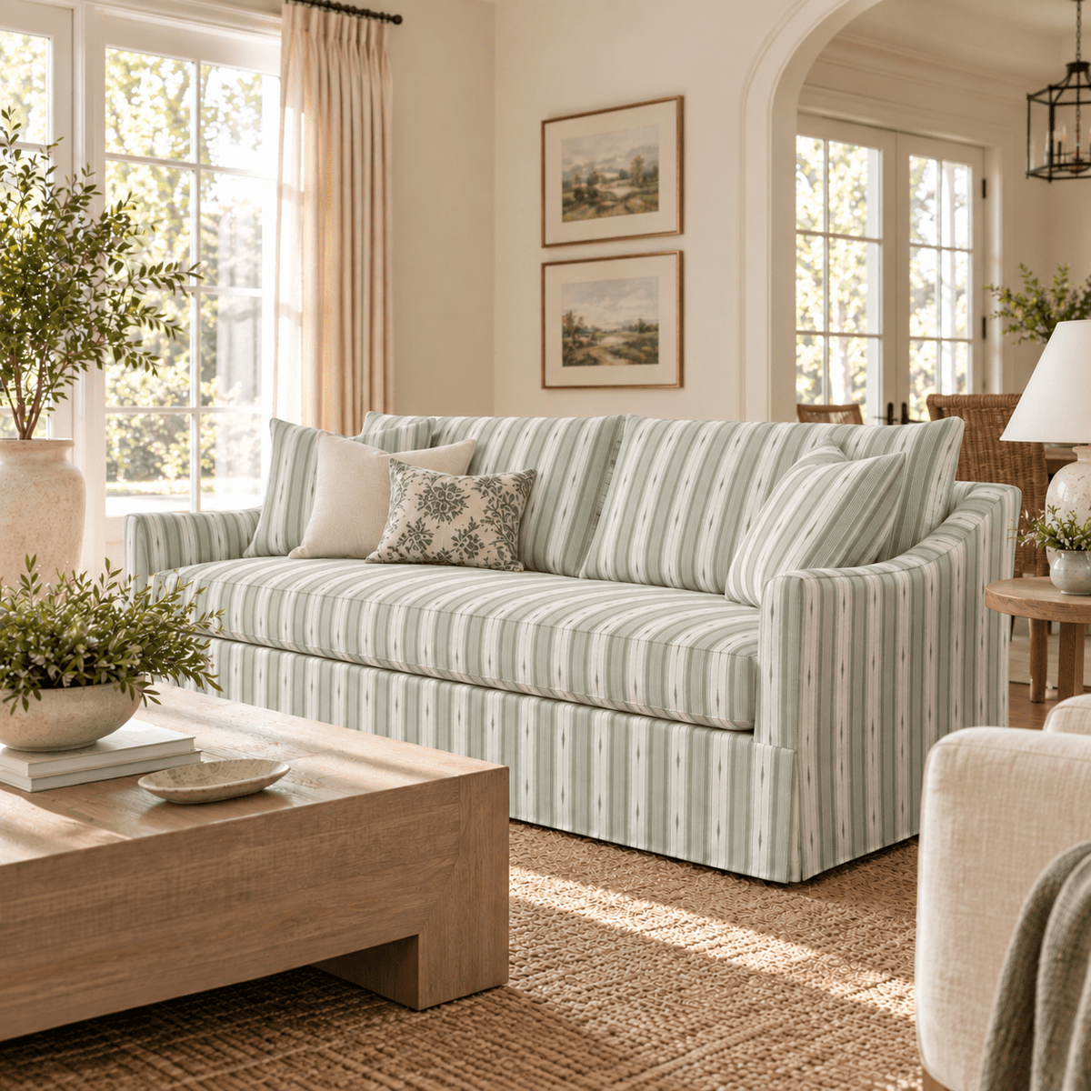The Theodore Sofa in Blue Dresses Lemongrass Stripes - Lemon Park