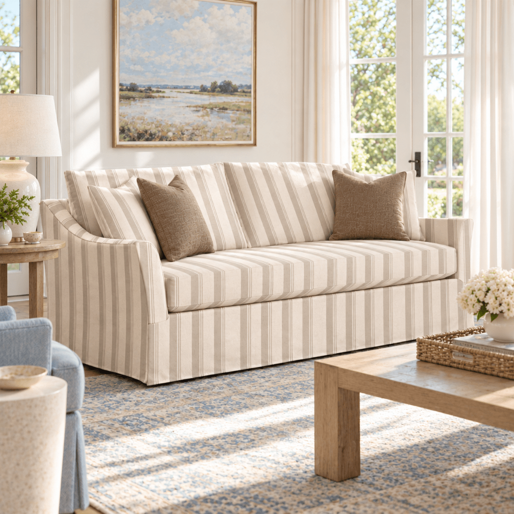 The Theodore Sofa in Hedgerow Travertine Stripes - Lemon Park