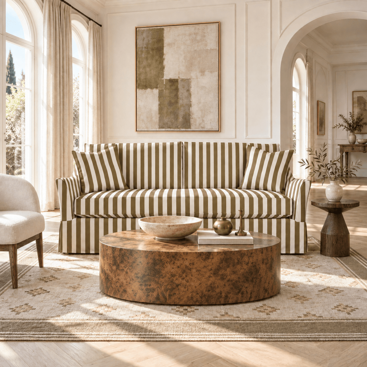 The Theodore Sofa in Jude Olive Stripes - Lemon Park