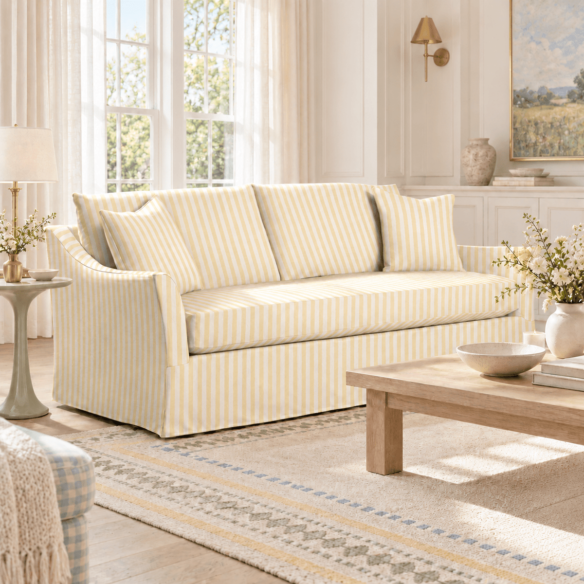 The Theodore Sofa in Juliet's Garden Easter Yellow Stripe - Lemon Park