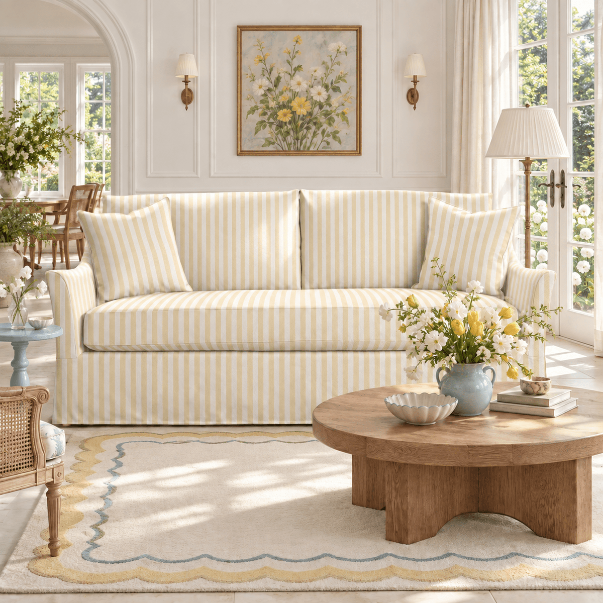 The Theodore Sofa in Juliet's Garden Easter Yellow Stripe - Lemon Park