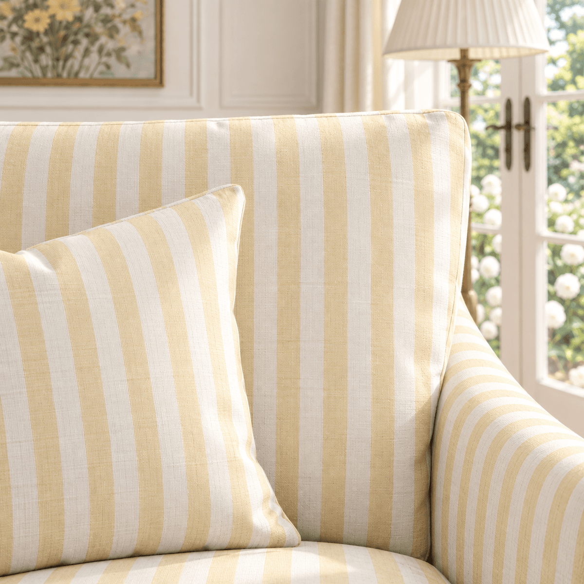The Theodore Sofa in Juliet's Garden Easter Yellow Stripe - Lemon Park