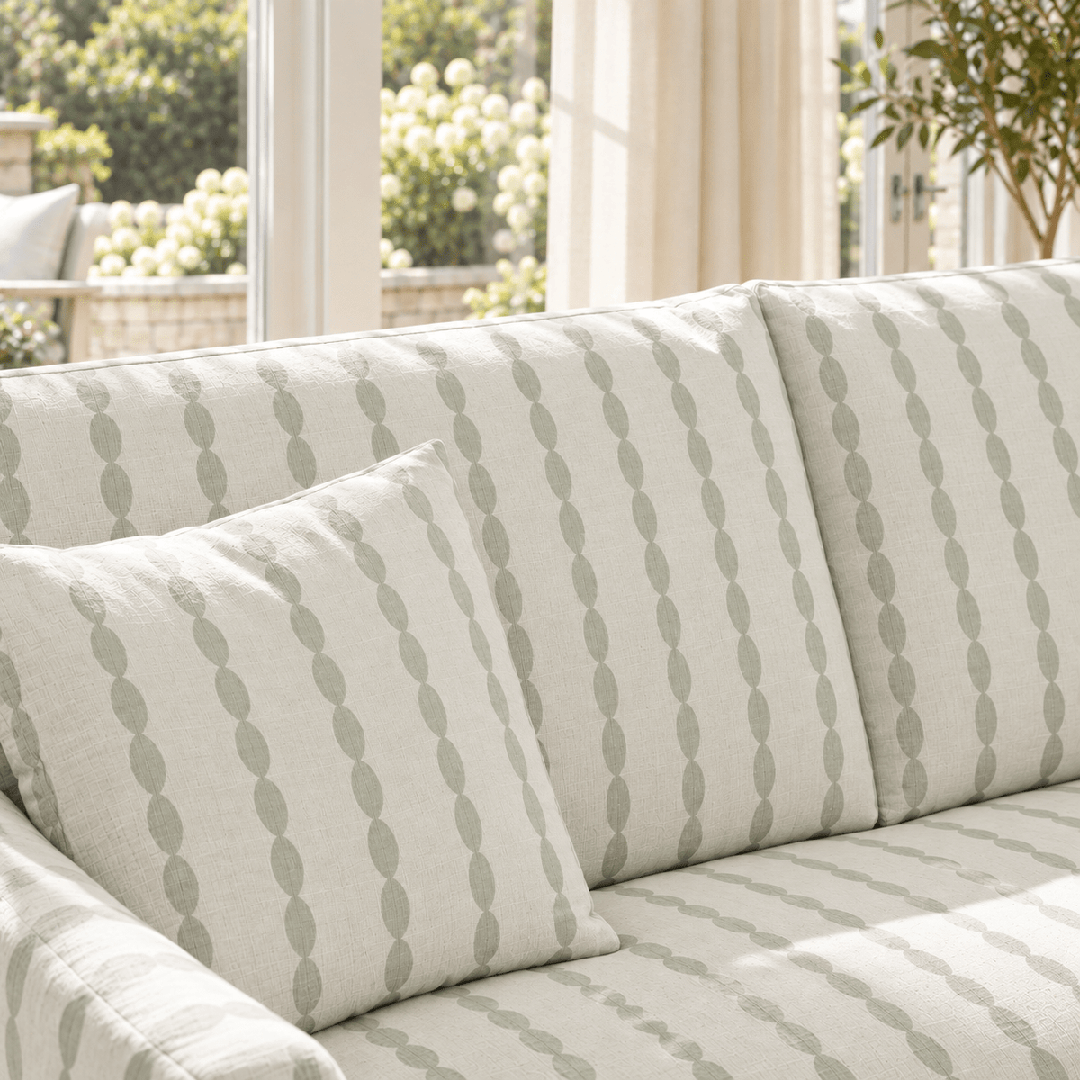 The Theodore Sofa in Loose Stems Lichen Chord Stripe - Lemon Park