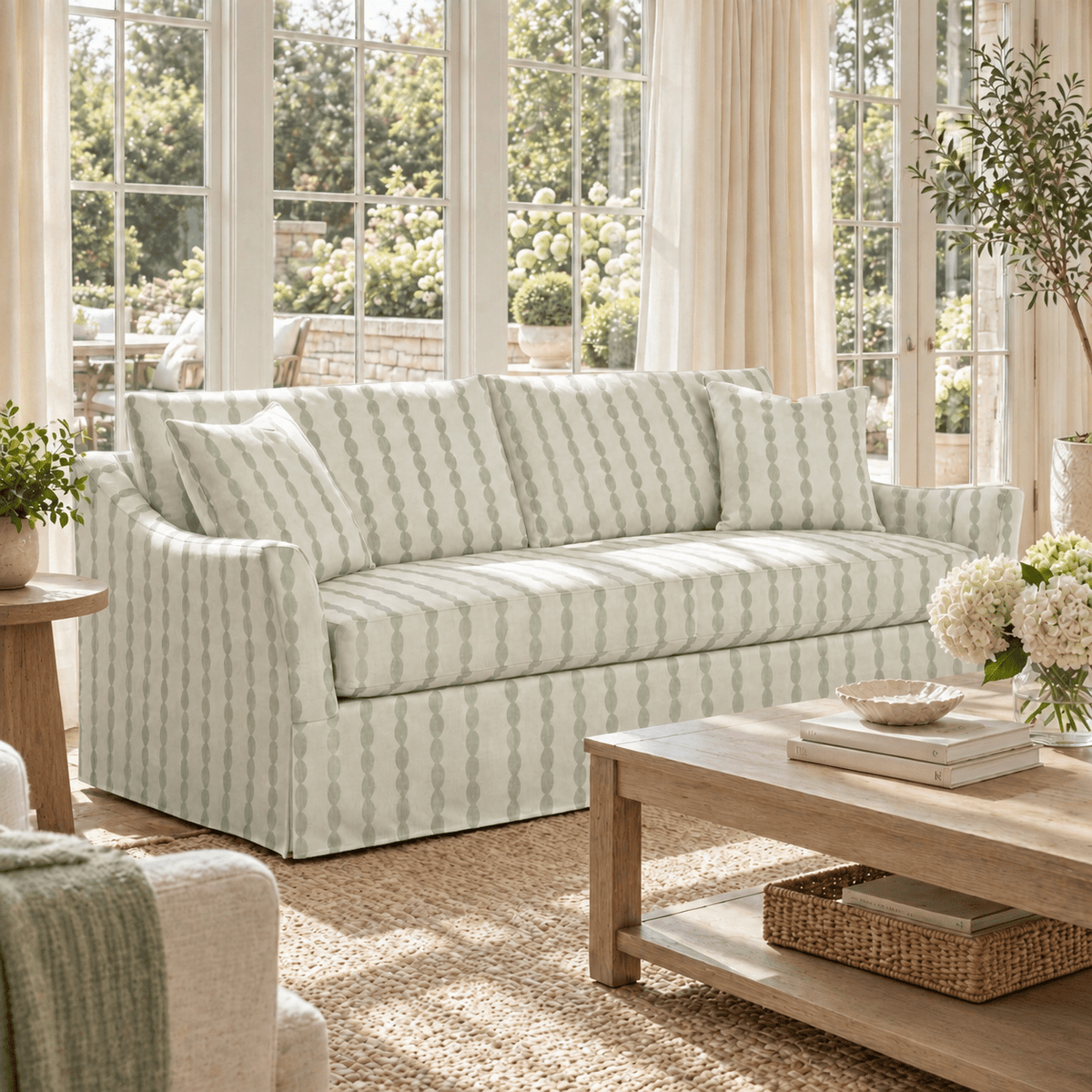 The Theodore Sofa in Loose Stems Lichen Chord Stripe - Lemon Park