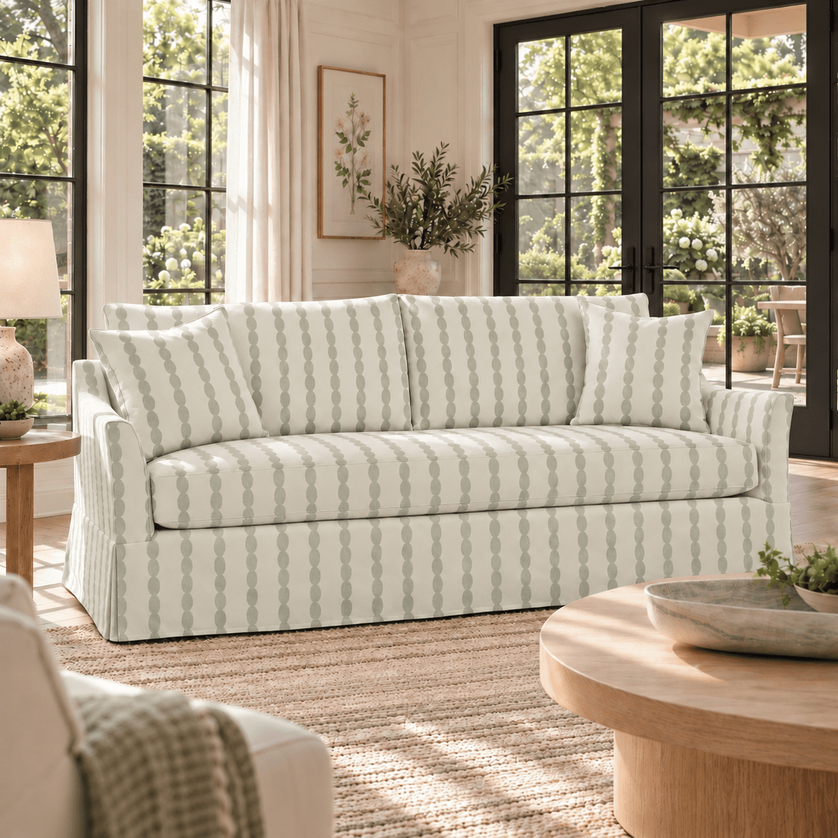 The Theodore Sofa in Loose Stems Lichen Chord Stripe - Lemon Park