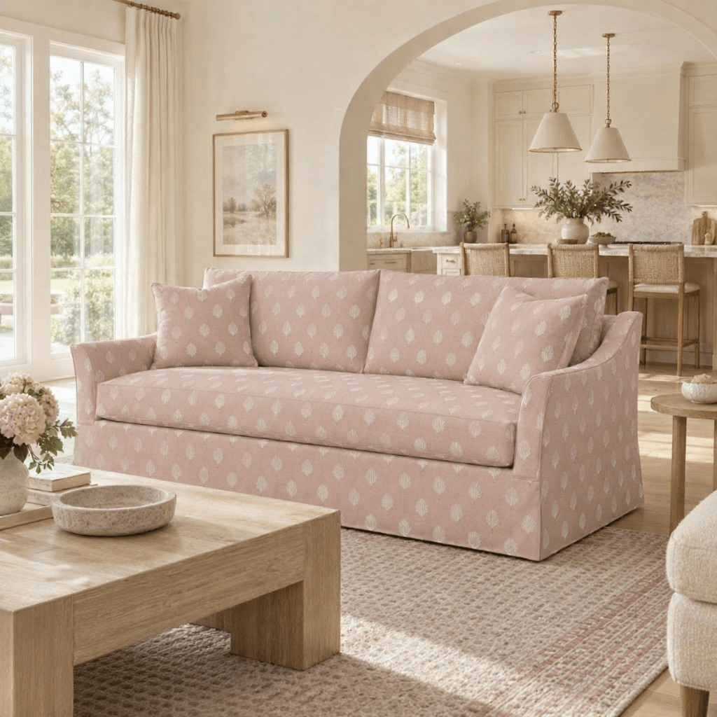 The Theodore Sofa in Loose Stems Petaline Block Print - Lemon Park