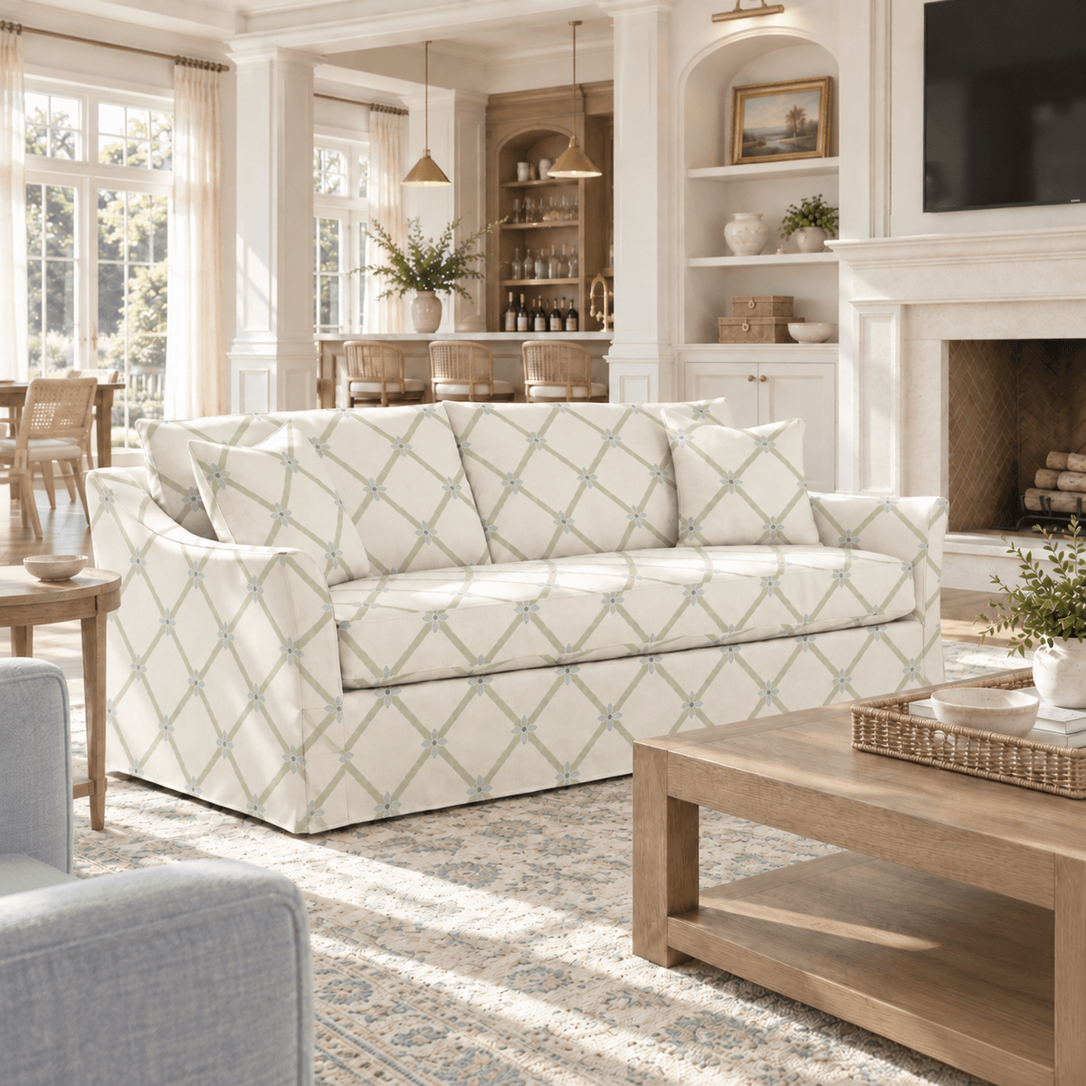 The Theodore Sofa in Mint To Be Floral Lattice - Lemon Park