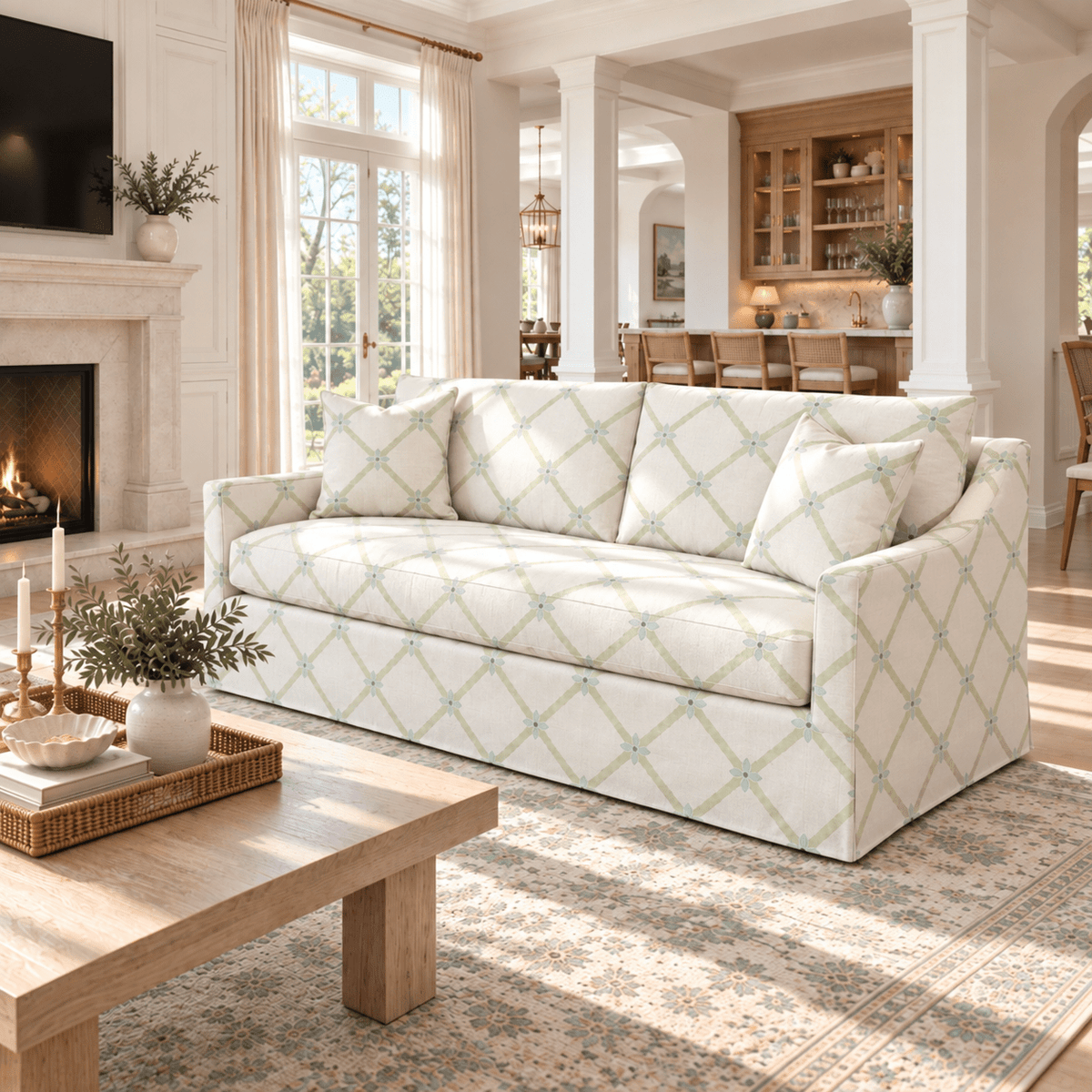 The Theodore Sofa in Mint To Be Floral Lattice - Lemon Park