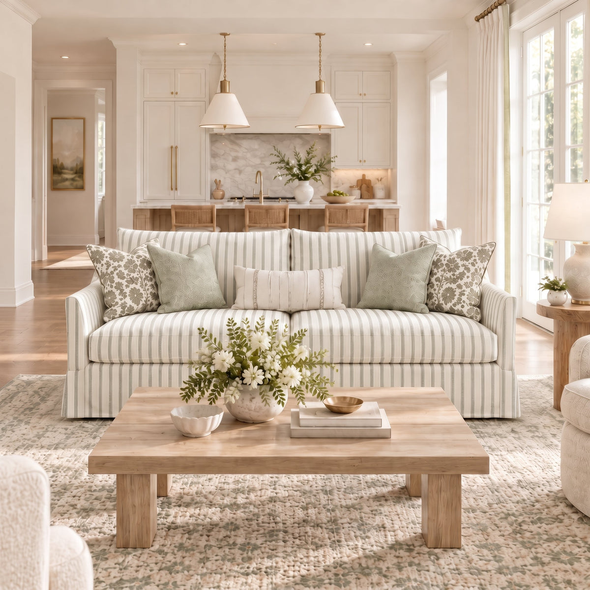 The Theodore Sofa in Orange County Olive Stripes - Lemon Park