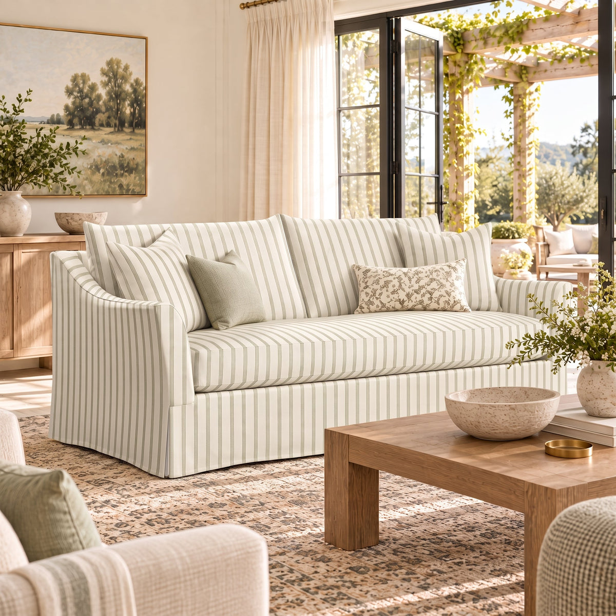 The Theodore Sofa in Orange County Olive Stripes - Lemon Park