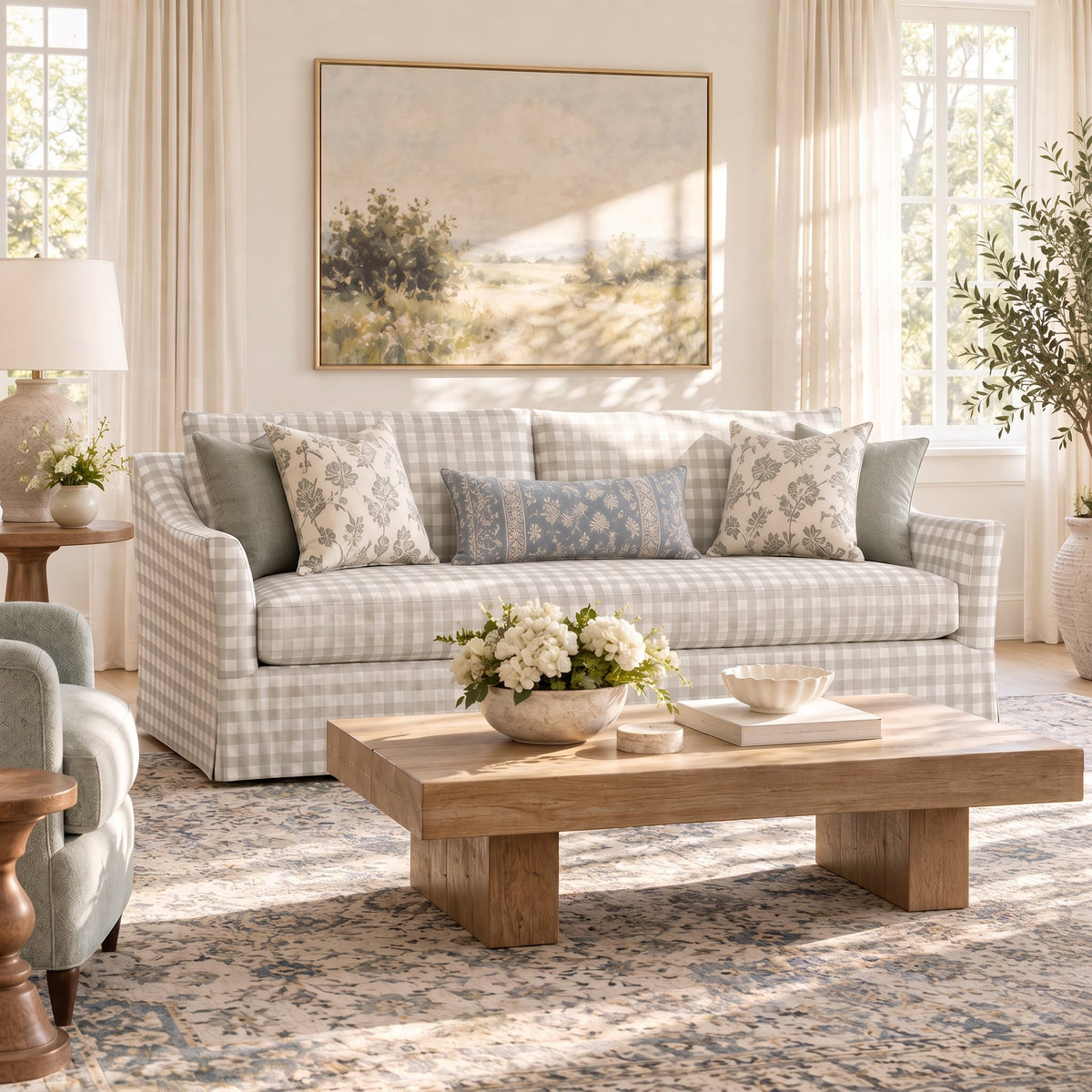 The Theodore Sofa in Pearl's Haven Fog Gingham - Lemon Park
