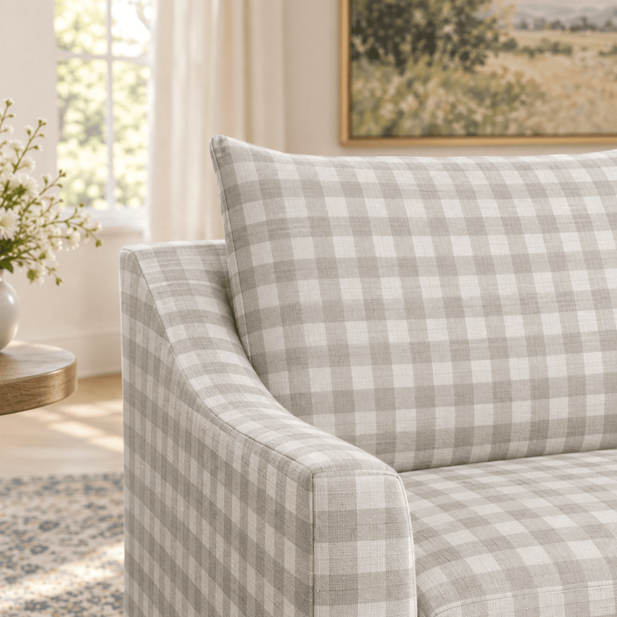 The Theodore Sofa in Pearl's Haven Fog Gingham - Lemon Park