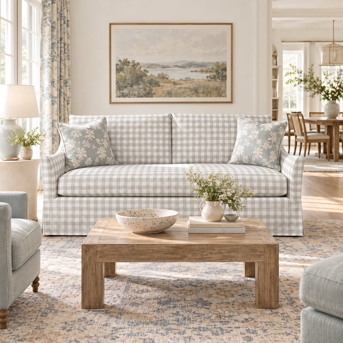 The Theodore Sofa in Pearl's Haven Fog Gingham - Lemon Park