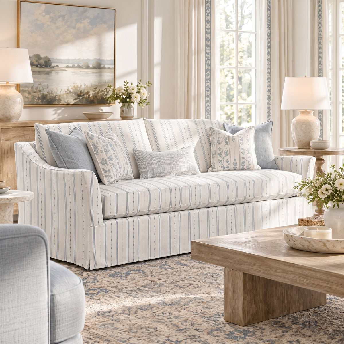 The Theodore Sofa in Pearl's Haven Spring Blue Stripes - Lemon Park