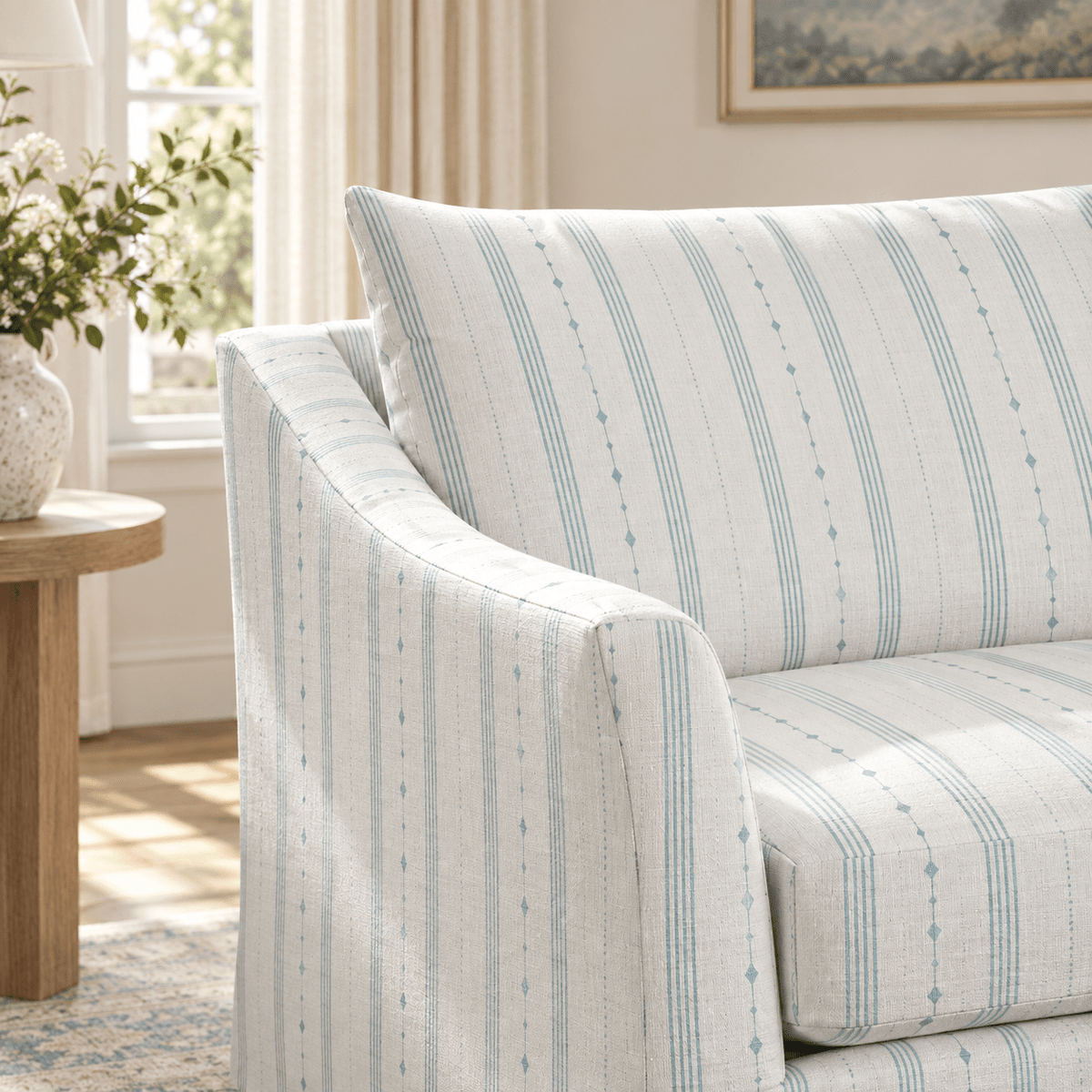 The Theodore Sofa in Pearl's Haven Spring Blue Stripes - Lemon Park