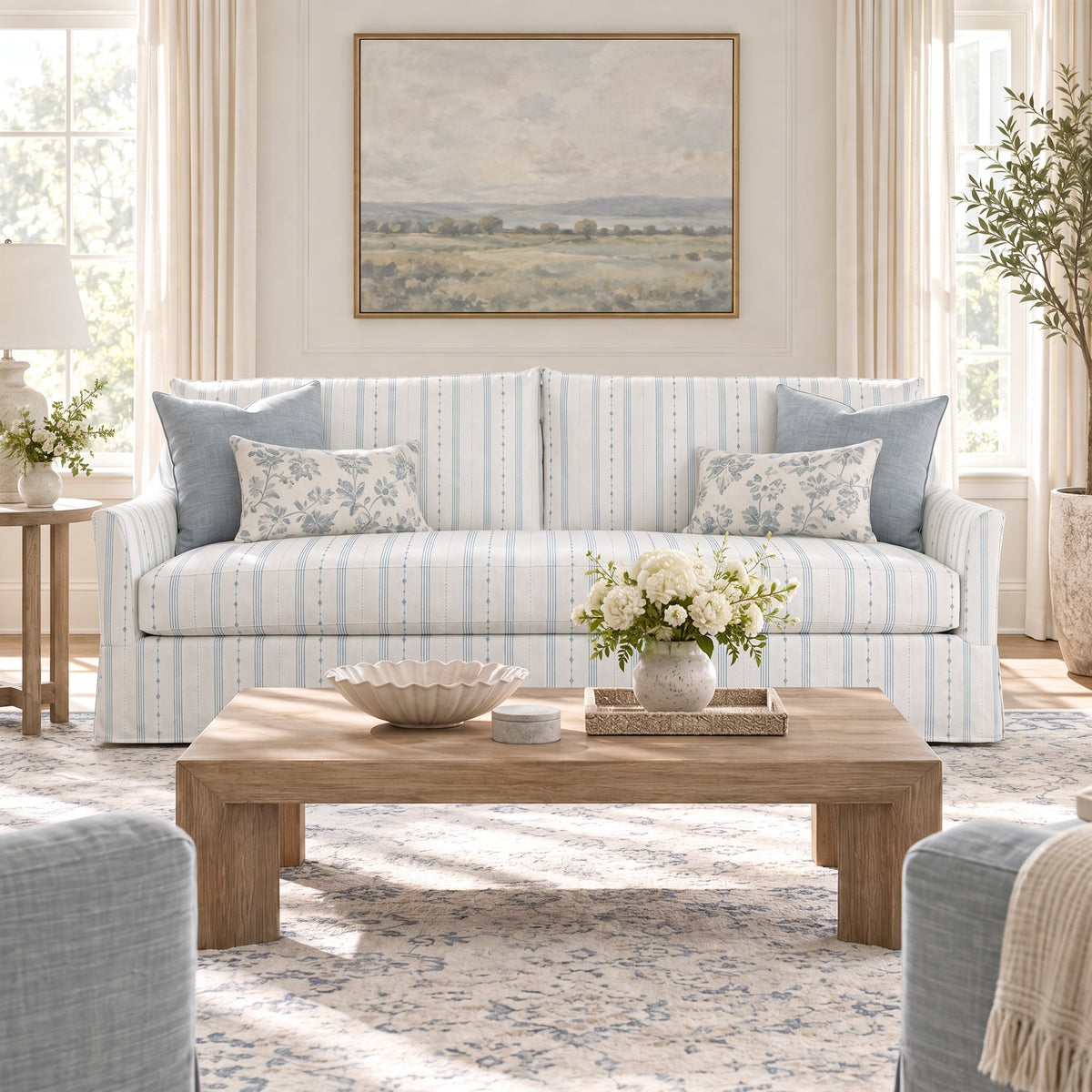 The Theodore Sofa in Pearl's Haven Spring Blue Stripes - Lemon Park