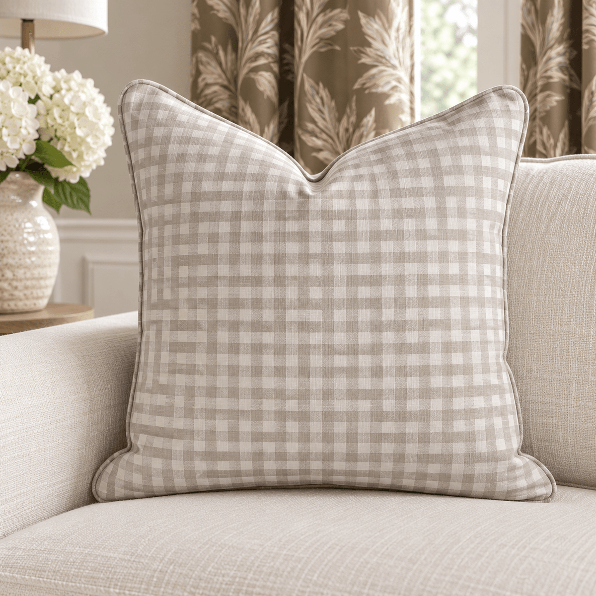 Thistle Hill Oat Gingham Throw Pillow - Lemon Park