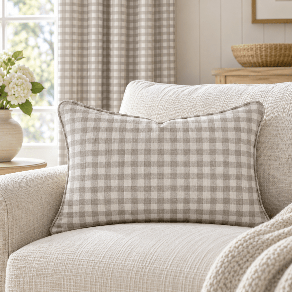 Thistle Hill Oat Gingham Throw Pillow - Lemon Park