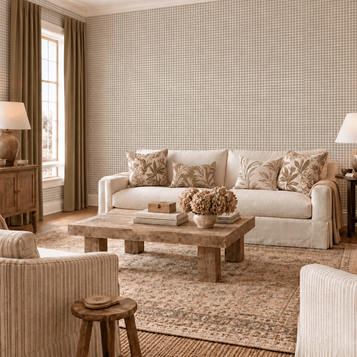 Thistle Hill Oat Gingham Wallpaper - Lemon Park