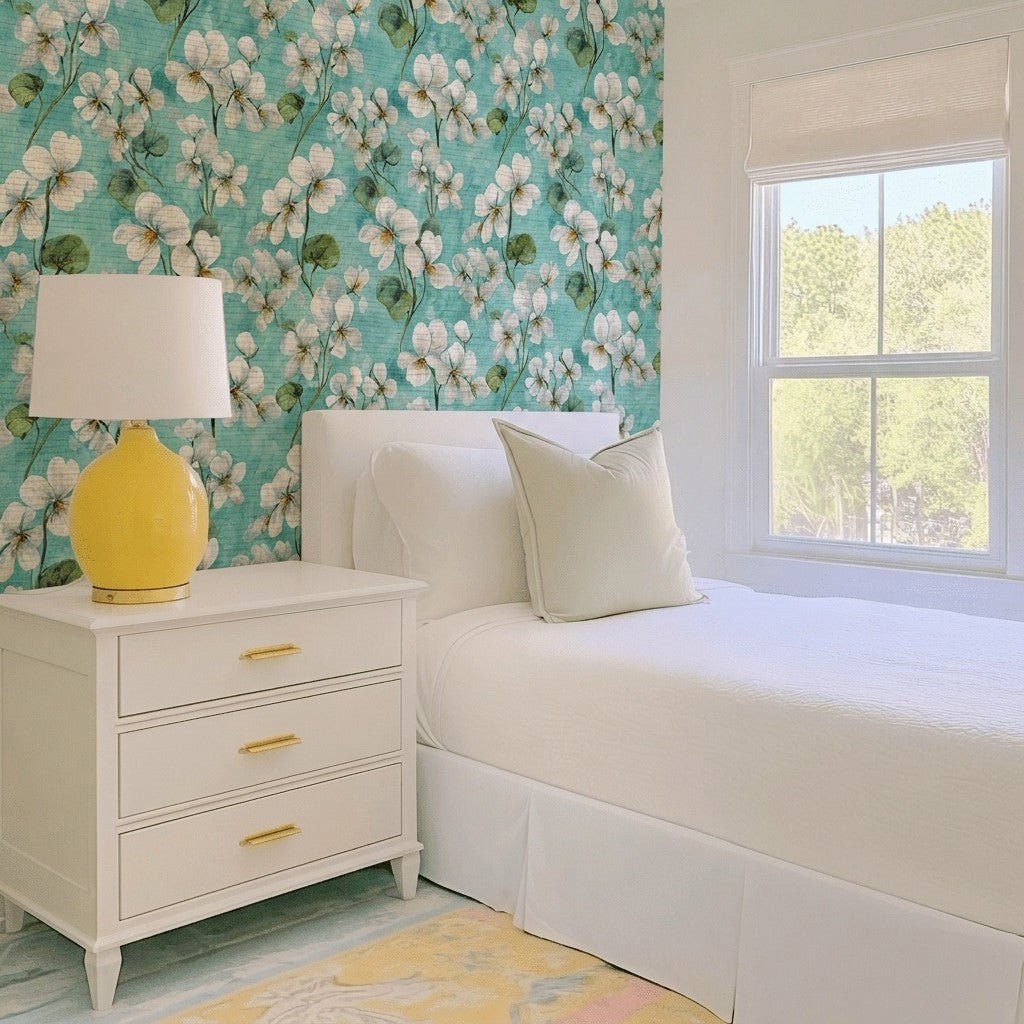 White Violets Blue Faux Grasscloth Wallpaper - Lemon Park